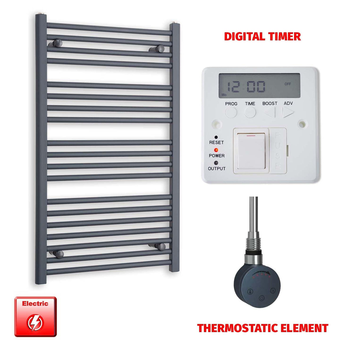Thermostatic Element + Digital Timer 600 x 1000 Flat Anthracite Pre-Filled Electric Towel Rail