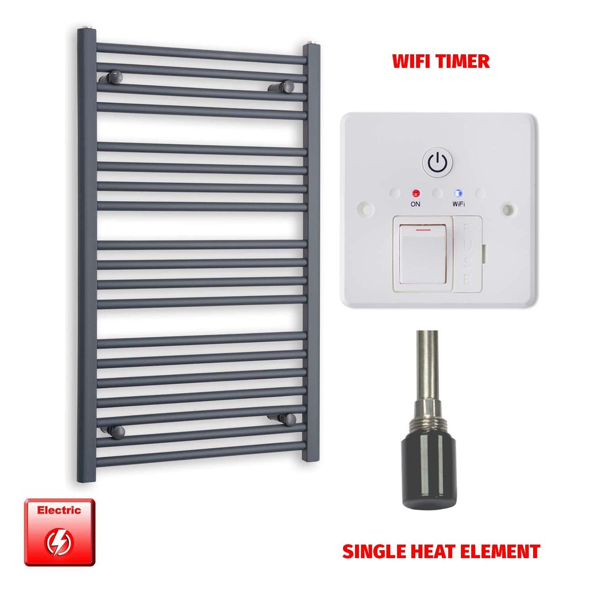 Single Heat Element + Wifi Timer 600 x 1000 Flat Anthracite Pre-Filled Electric Towel Rail