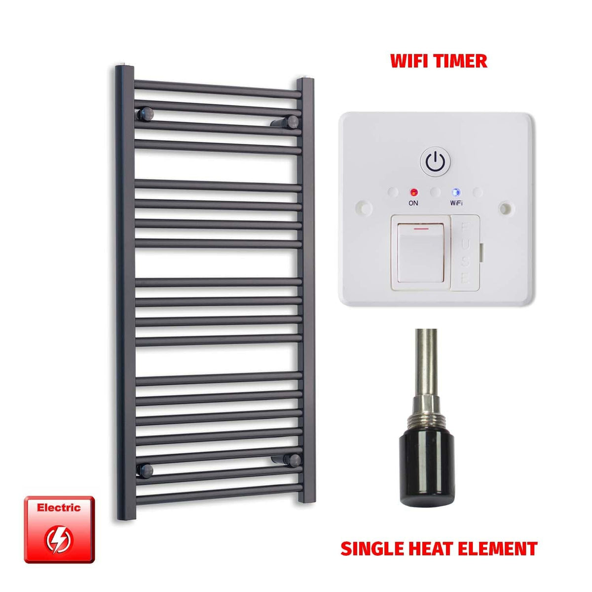 Single Heat Element + Wifi Timer 600 x 1000 Flat Black Pre-Filled Electric Heated Towel Rail