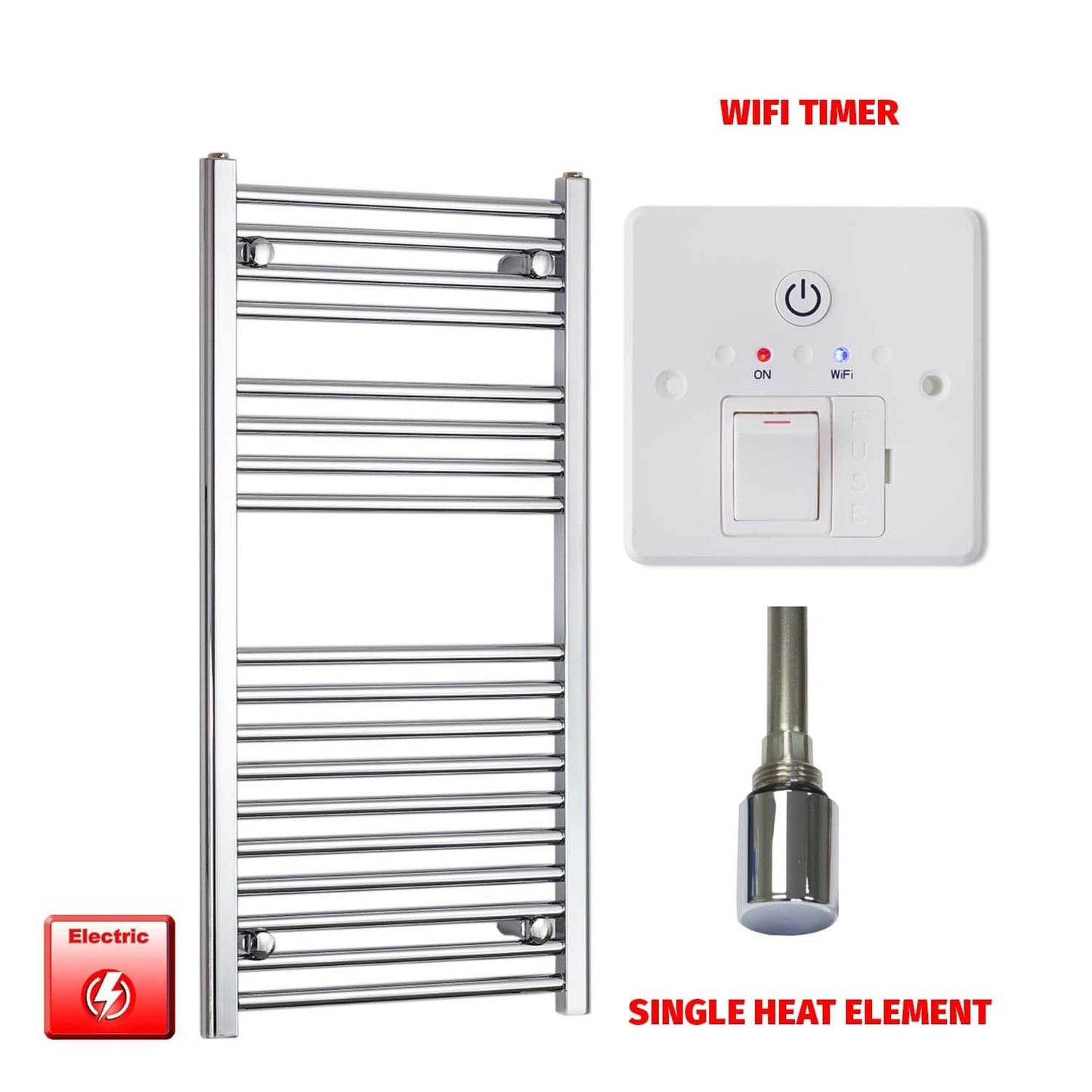 Straight / Single Heat Element + Wifi Timer 600 x 1000 Flat Chrome Pre-Filled Electric Heated Towel Rail