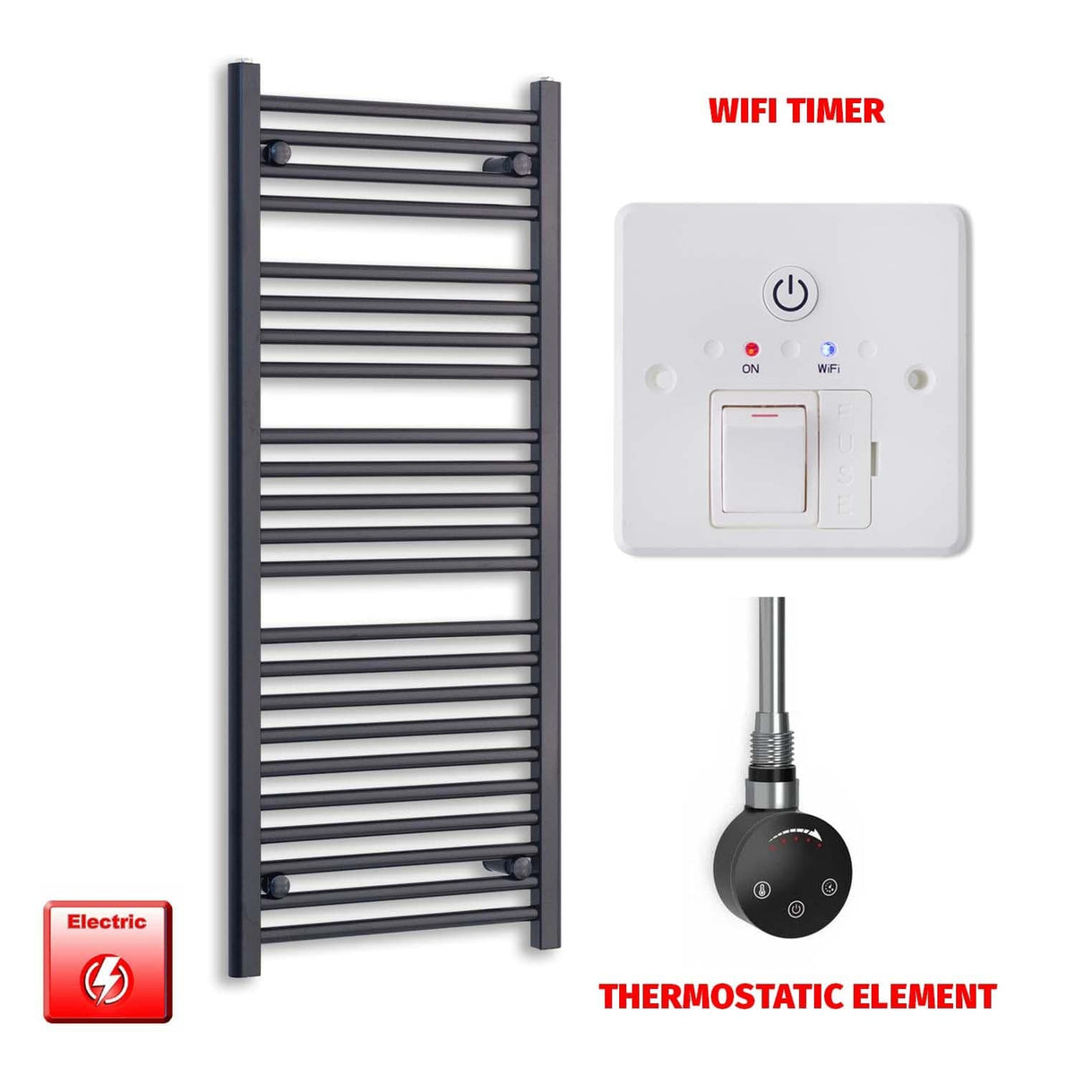 Thermostatic Element + Wifi Timer 600 x 1200 Flat Black Pre-Filled Electric Heated Towel Rail