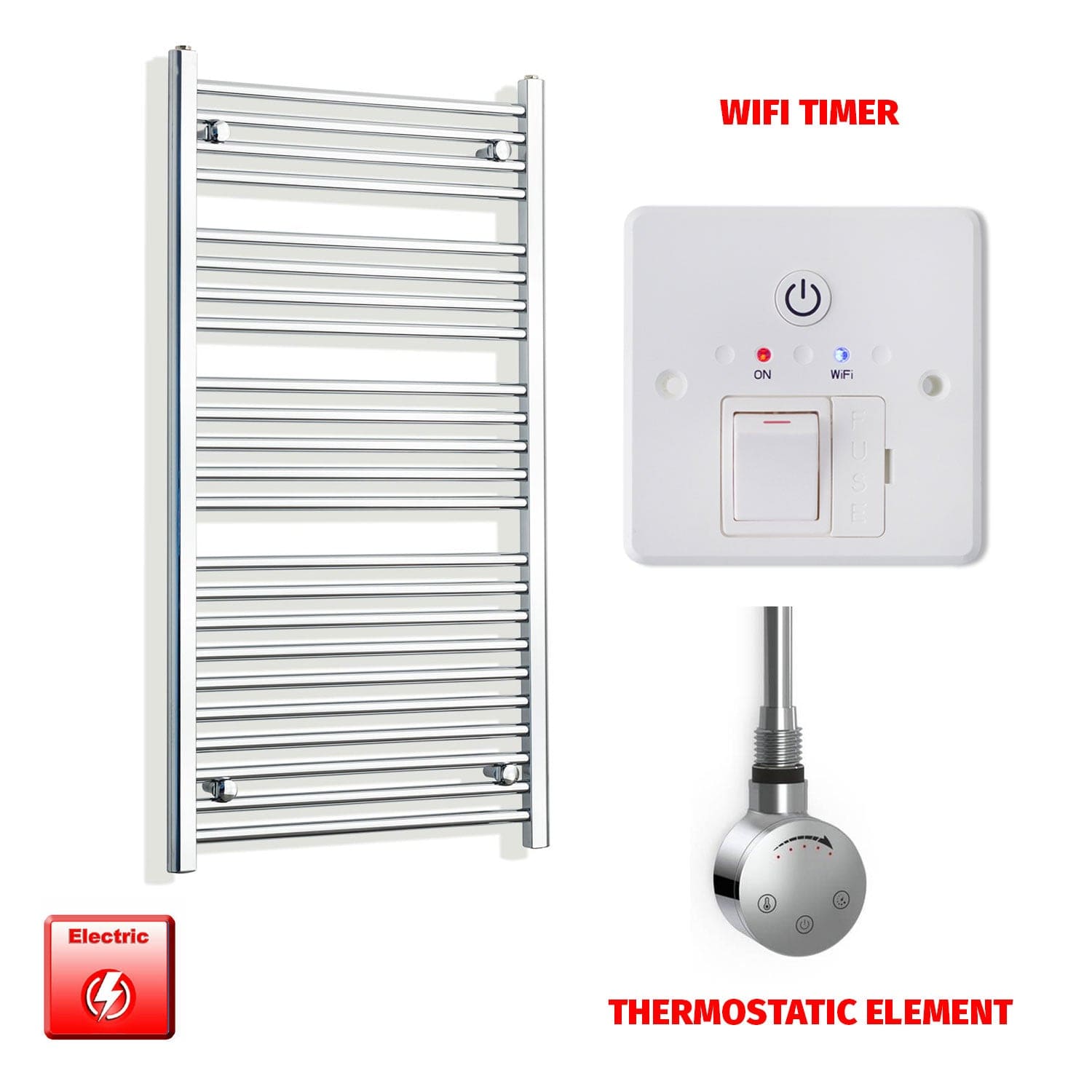 Straight / Thermostatic Element + Wifi Timer 600 x 1200 Flat Chrome Pre-Filled Electric Heated Towel Rail