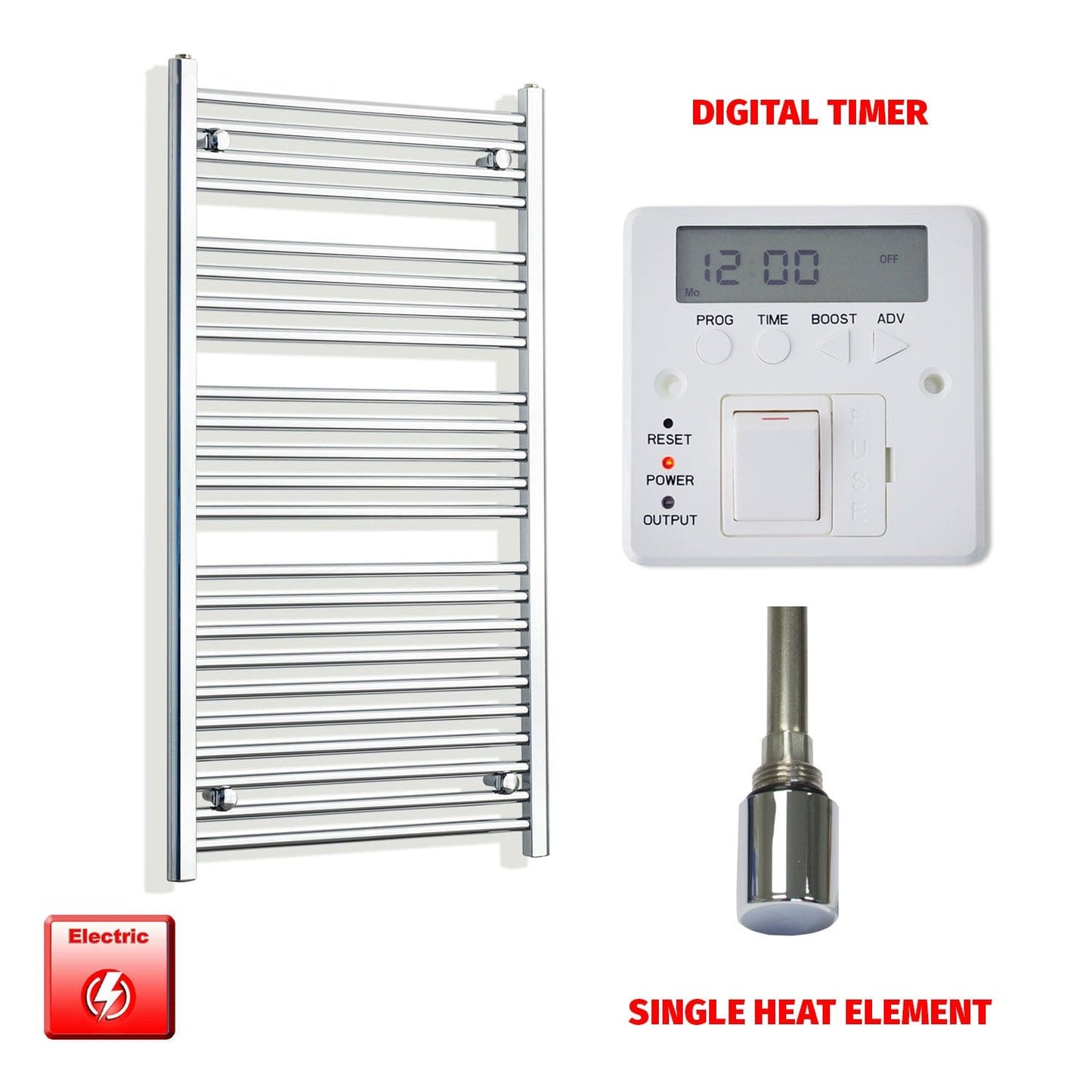 Straight / Single Heat Element + Digital Timer 600 x 1200 Flat Chrome Pre-Filled Electric Heated Towel Rail