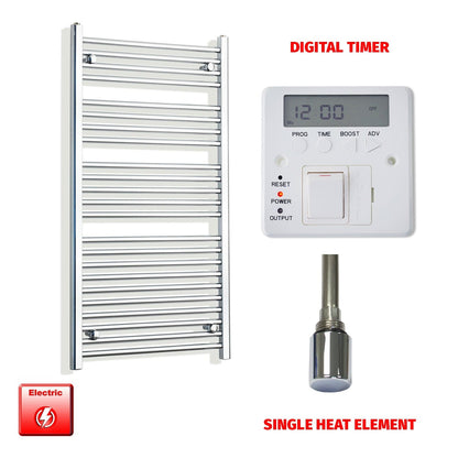 Straight / Single Heat Element + Digital Timer 600 x 1200 Flat Chrome Pre-Filled Electric Heated Towel Rail
