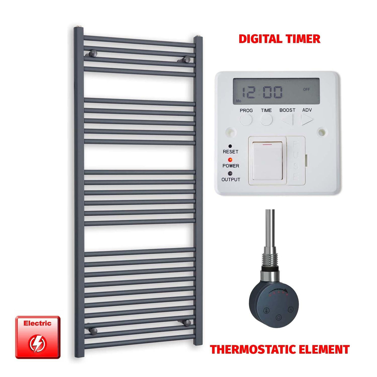Thermostatic Element + Digital Timer 600 x 1400 Flat Anthracite Pre-Filled Electric Towel Rail