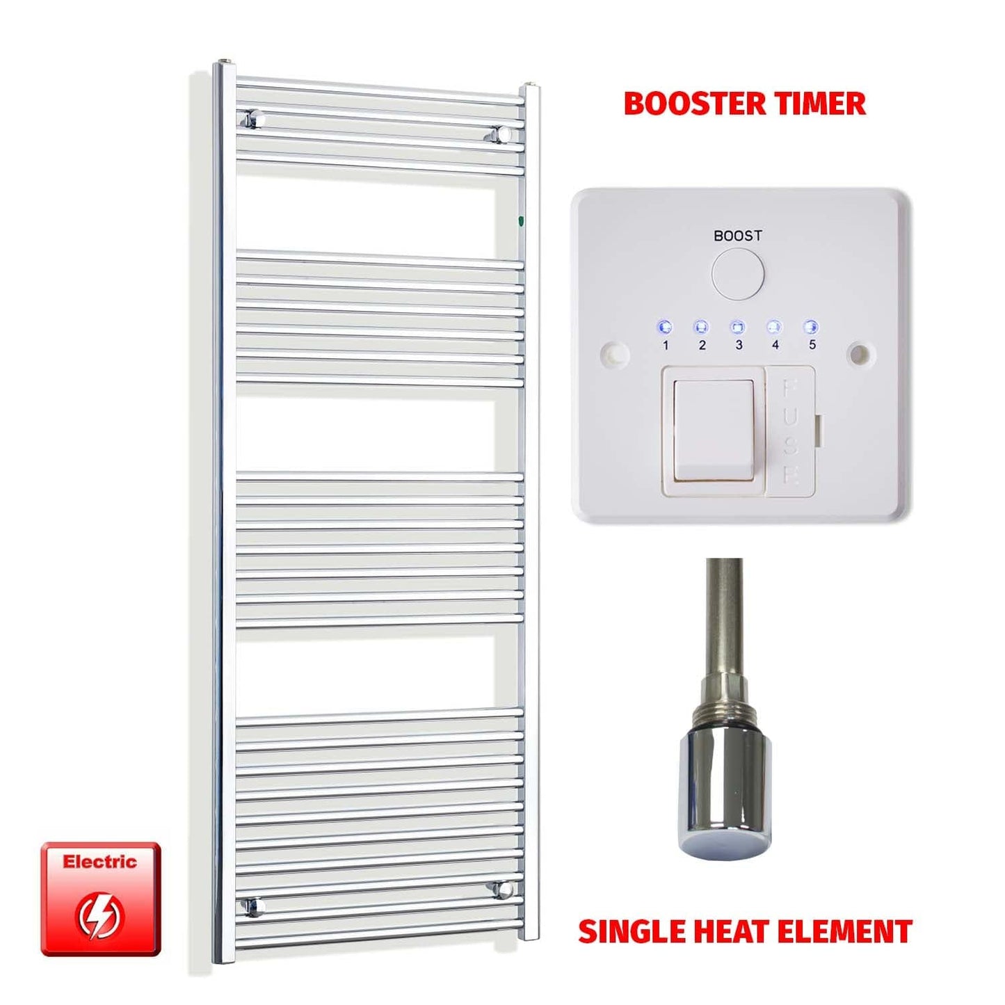 Straight / Single Heat Element + Booster Timer 600 x 1600 Chrome Pre-Filled Electric Heated Towel Rail HTR