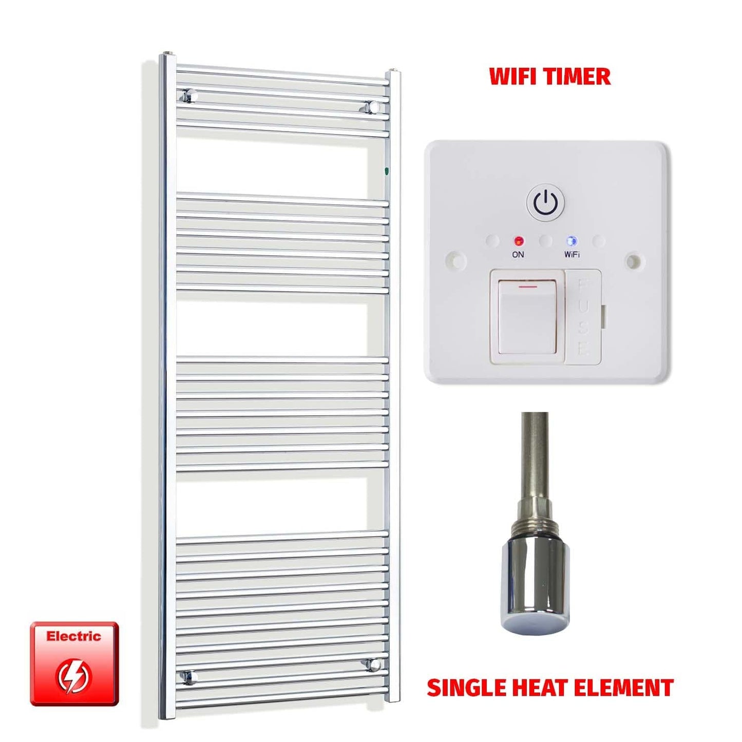 Straight / Single Heat Element + Wifi Timer 600 x 1600 Chrome Pre-Filled Electric Heated Towel Rail HTR