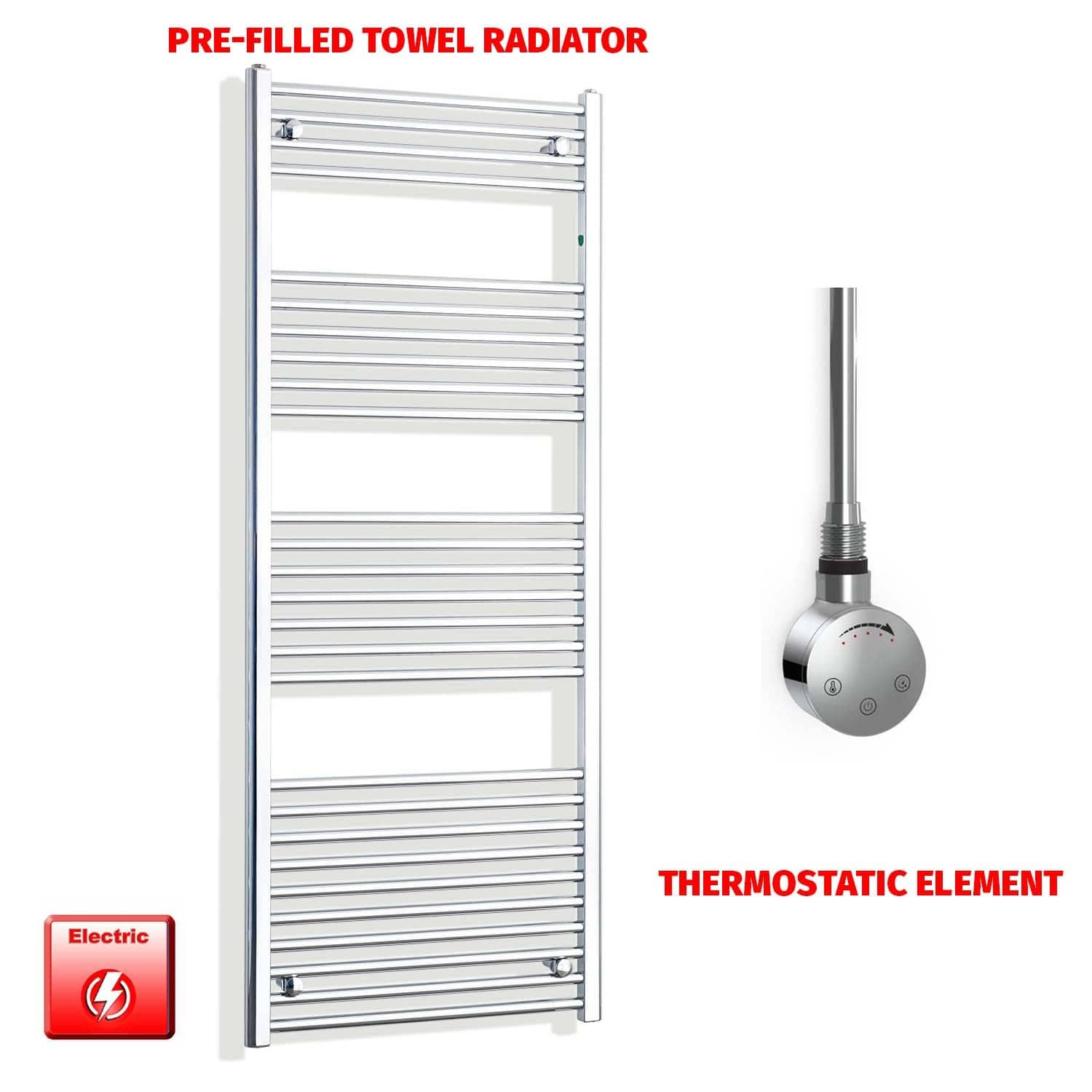Straight / Thermostatic Element 600 x 1600 Chrome Pre-Filled Electric Heated Towel Rail HTR