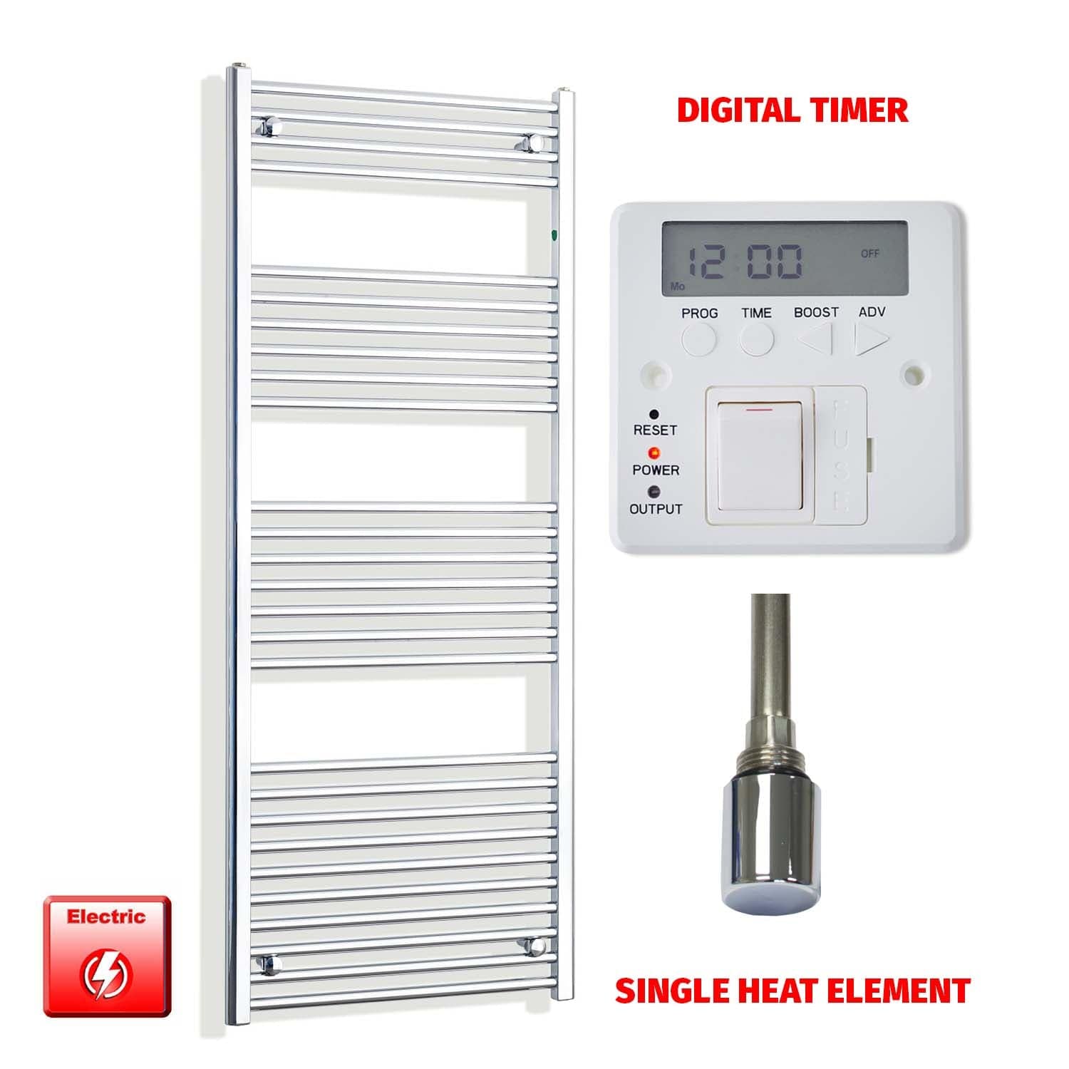 Straight / Single Heat Element + Digital Timer 600 x 1600 Chrome Pre-Filled Electric Heated Towel Rail HTR