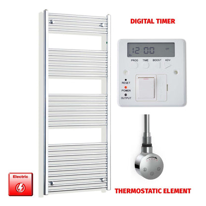 Straight / Thermostatic Element + Digital Timer 600 x 1600 Chrome Pre-Filled Electric Heated Towel Rail HTR