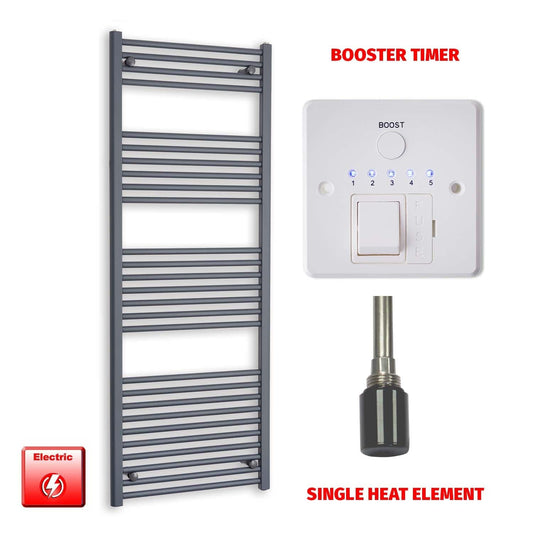 Single Heat Element + Booster Timer 600 x 1600 Flat Anthracite Pre-Filled Electric Towel Rail