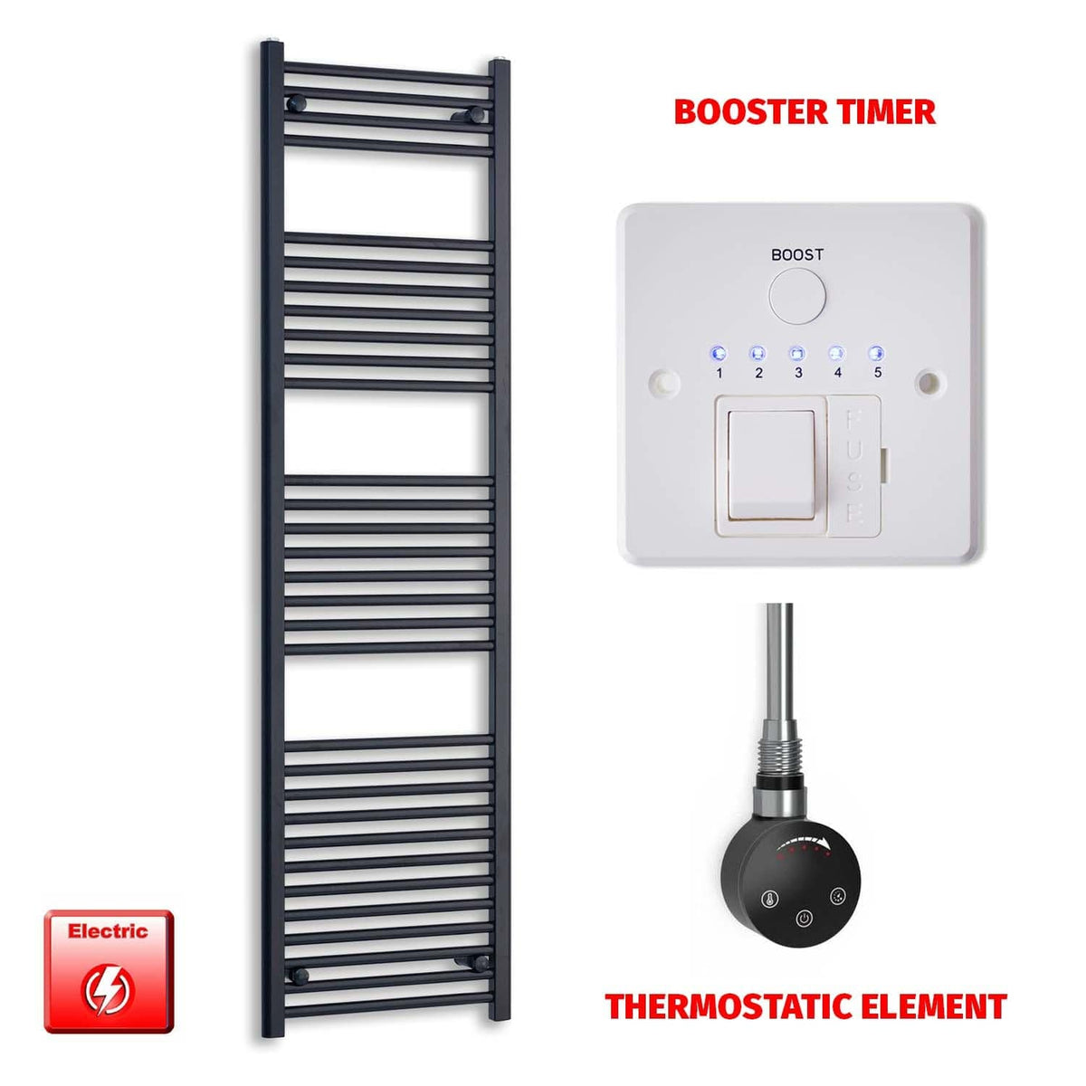 Thermostatic Element + Booster Timer 600 x 1800 Flat Black Pre-Filled Electric Heated Towel Rail