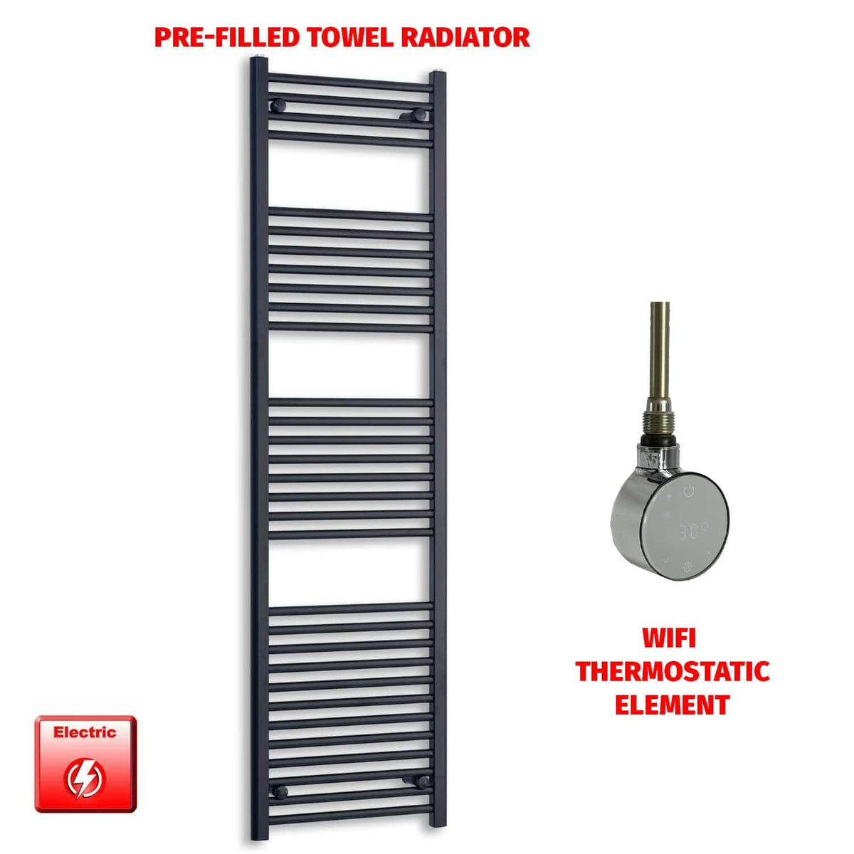 ER-Wifi Thermostatic 600 x 1800 Flat Black Pre-Filled Electric Heated Towel Rail