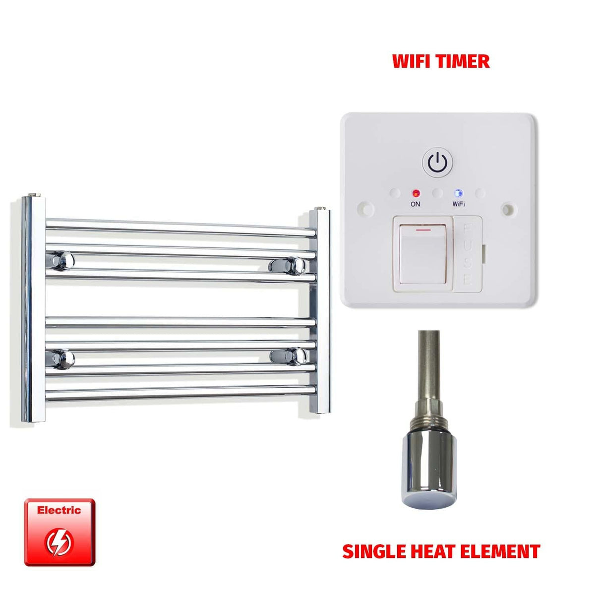 Straight / Single Heat Element + Wifi Timer 600 x 400 Flat Chrome Pre-Filled Electric Heated Towel Rail
