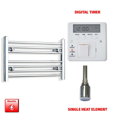 Straight / Single Heat Element + Digital Timer 600 x 400 Flat Chrome Pre-Filled Electric Heated Towel Rail