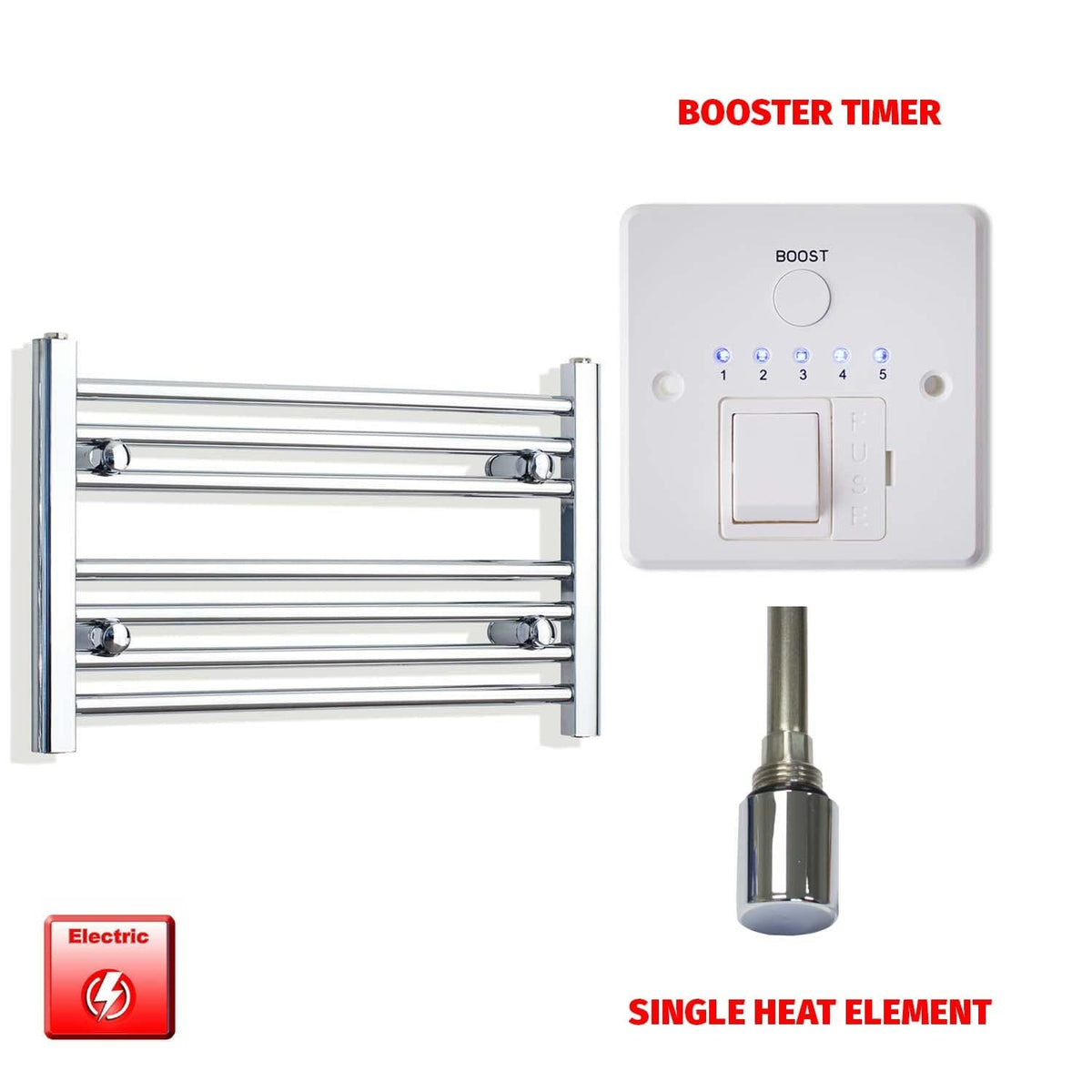 Straight / Single Heat Element + Booster Timer 600 x 400 Flat Chrome Pre-Filled Electric Heated Towel Rail