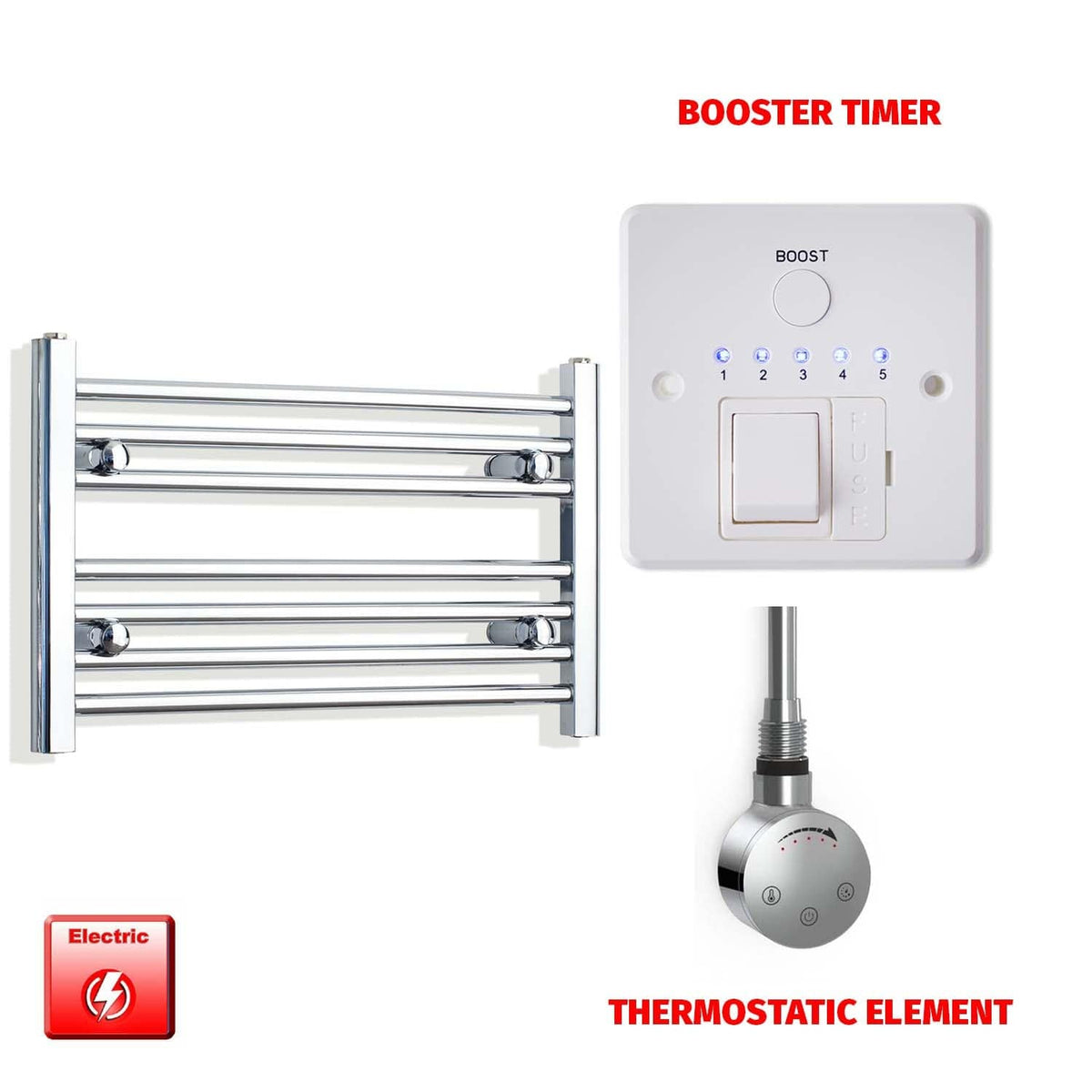 Straight / Thermostatic Element + Booster Timer 600 x 400 Flat Chrome Pre-Filled Electric Heated Towel Rail