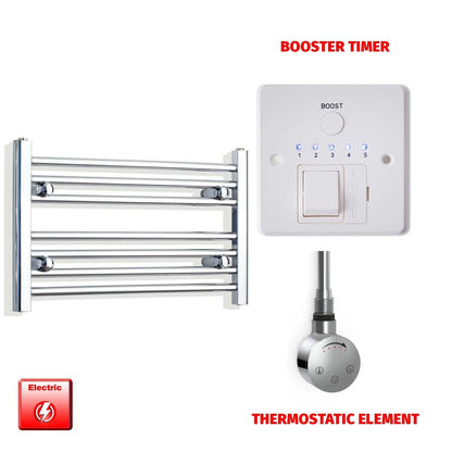 Straight / Thermostatic Element + Booster Timer 600 x 400 Flat Chrome Pre-Filled Electric Heated Towel Rail