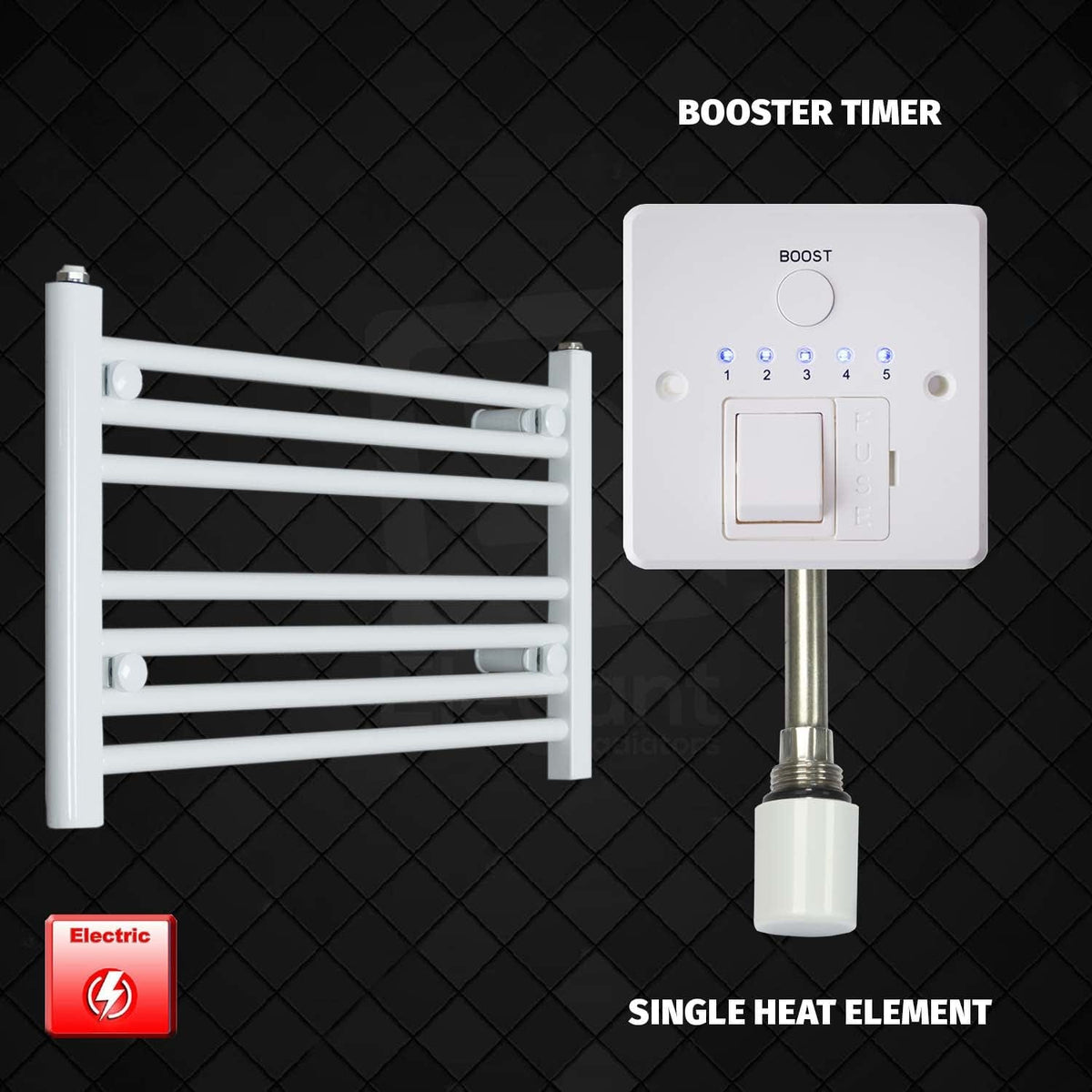 Single Heat Element + Booster Timer 600 x 400 Flat White Pre-Filled Electric Heated Towel Rail