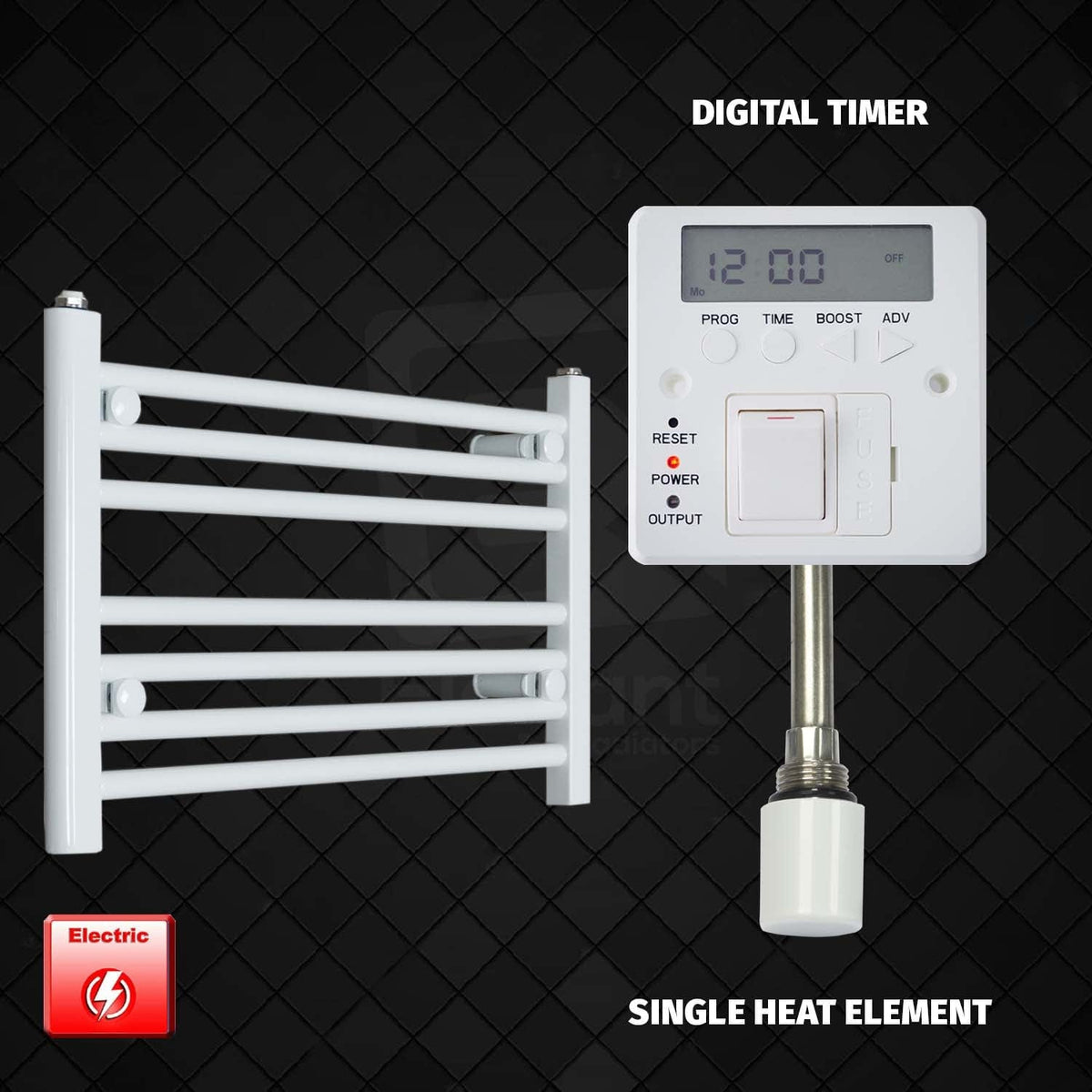 Single Heat Element + Digital Timer 600 x 400 Flat White Pre-Filled Electric Heated Towel Rail