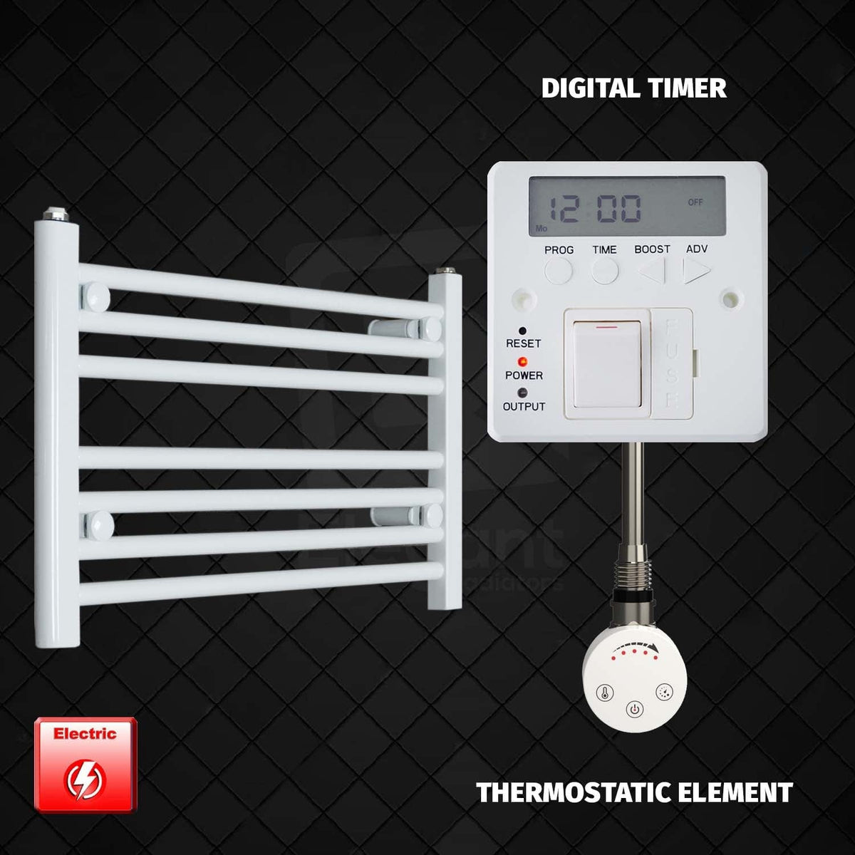 Thermostatic Element + Digital Timer 600 x 400 Flat White Pre-Filled Electric Heated Towel Rail