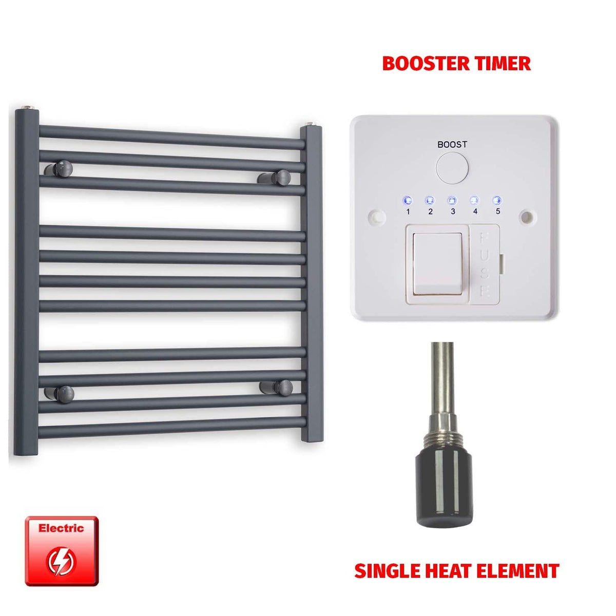 Single Heat Element + Booster Timer 600 x 600 Flat Anthracite Pre-Filled Electric Towel Rail