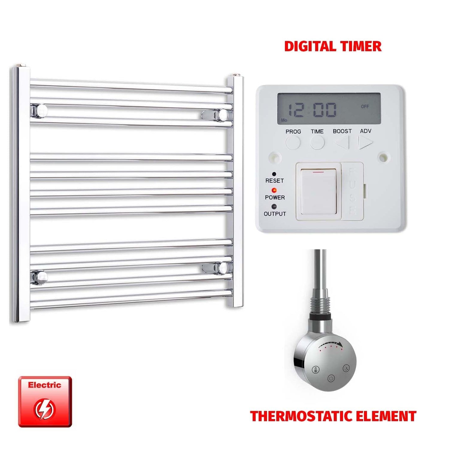 Straight / Thermostatic Element + Digital Timer 600 x 600 Flat Chrome Pre-Filled Electric Heated Towel Rail