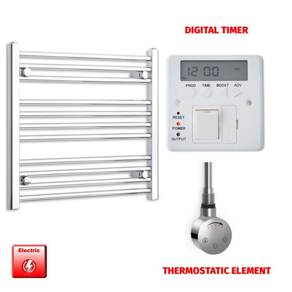 Straight / Thermostatic Element + Digital Timer 600 x 600 Flat Chrome Pre-Filled Electric Heated Towel Rail
