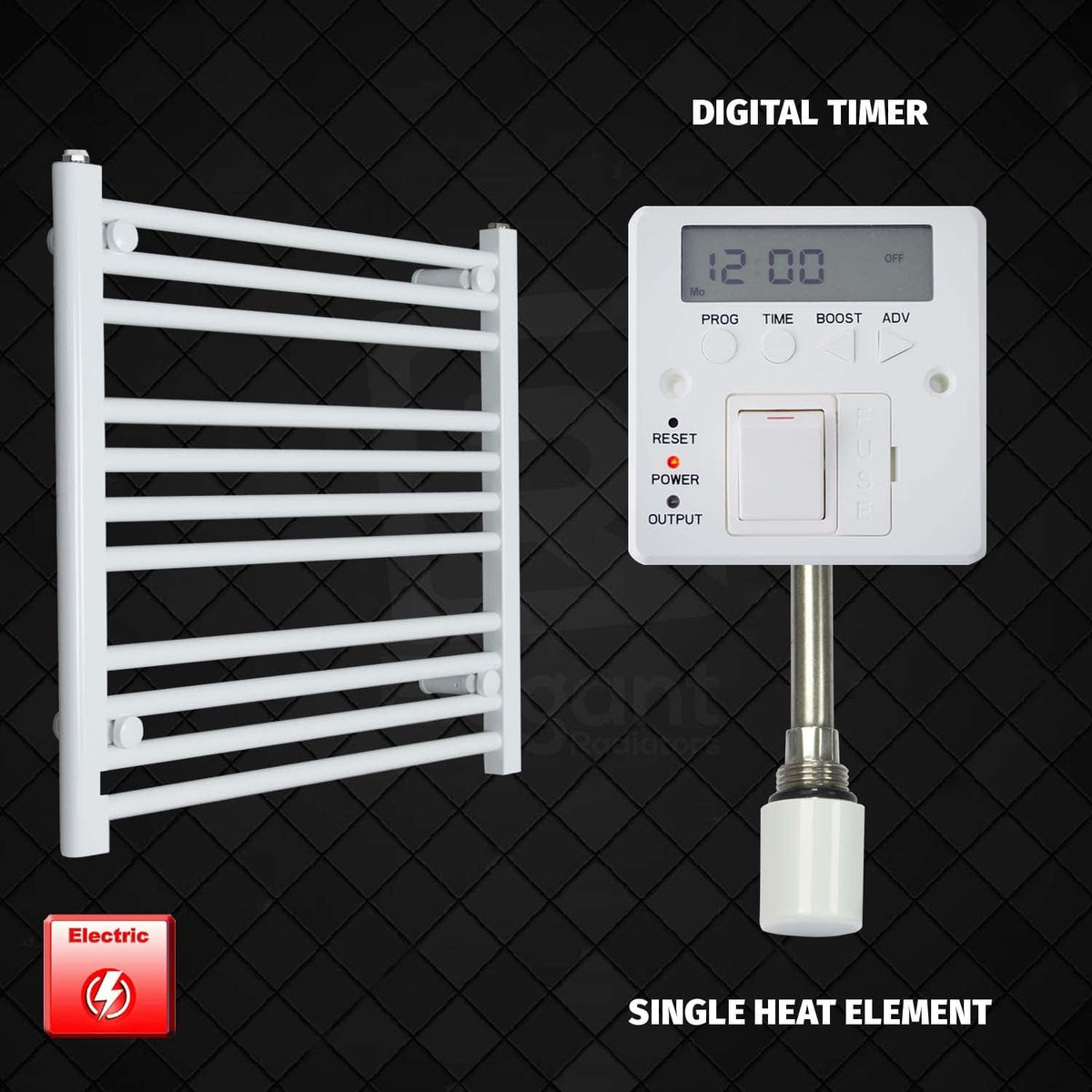 Single Heat Element + Digital Timer 600 x 600 Flat White Pre-Filled Electric Heated Towel Rail HTR