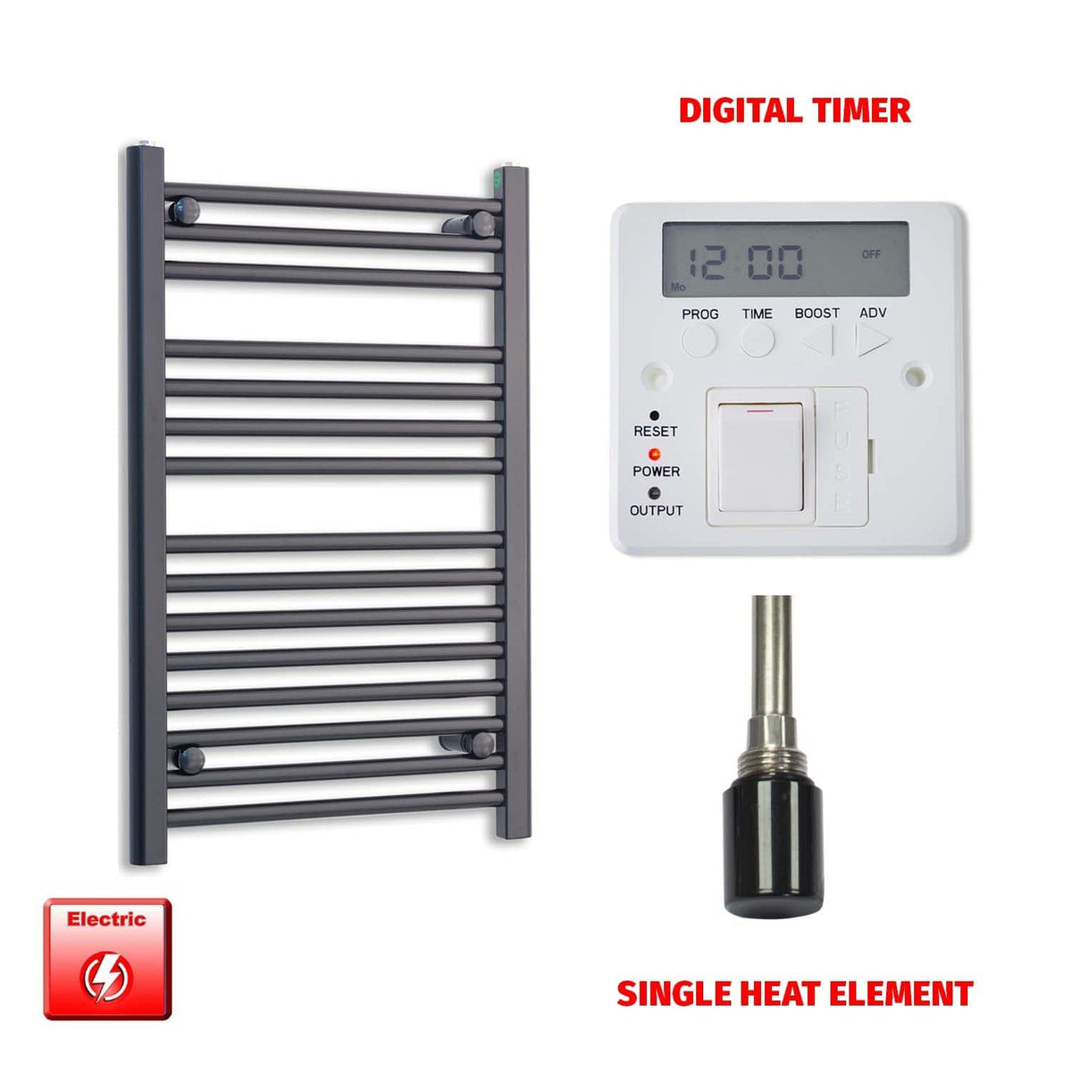 Single Heat Element + Digital Timer 600 x 800 Flat Black Pre-Filled Electric Heated Towel Rail