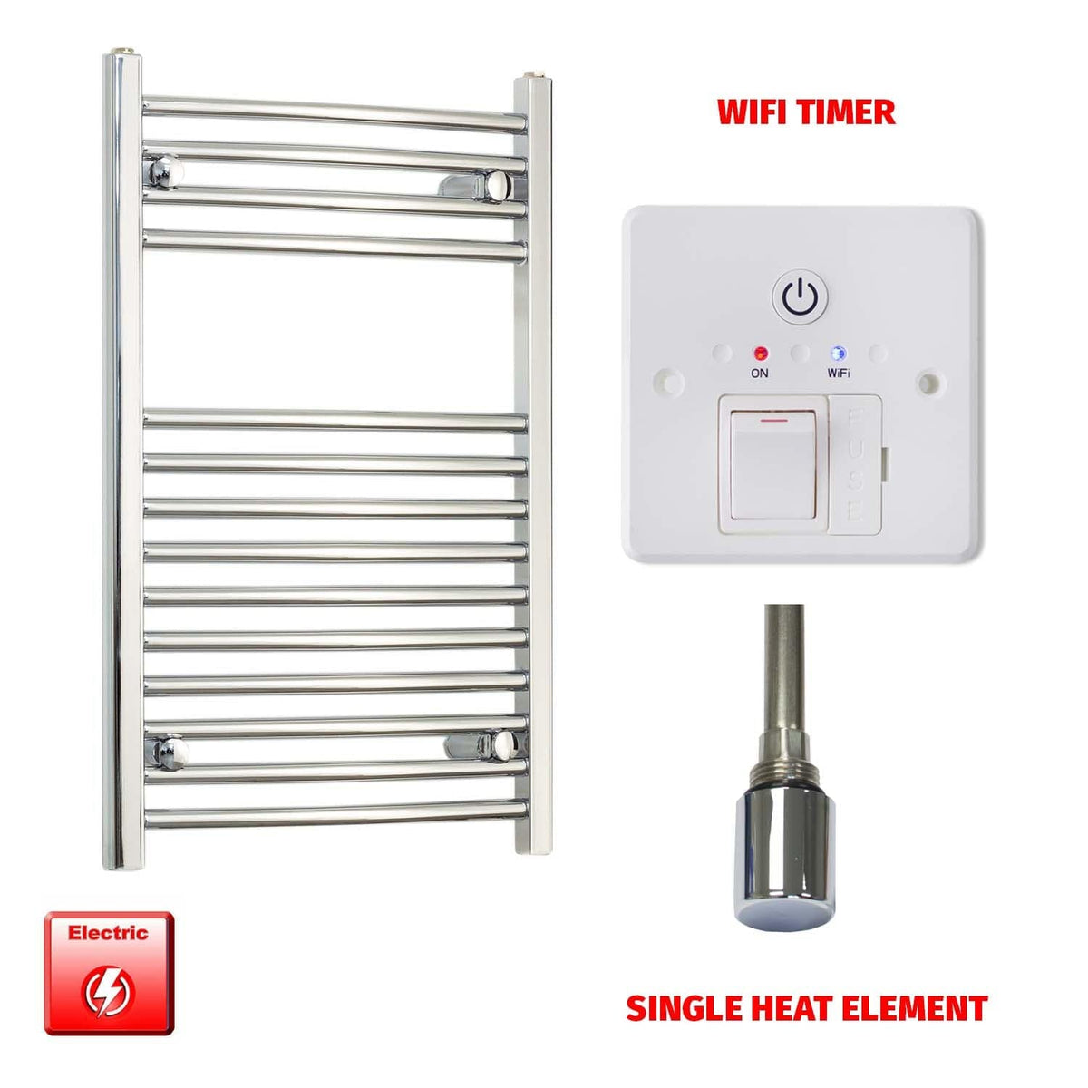 Straight / Single Heat Element + Wifi Timer 600x800 Flat Or Curved Chrome Pre-Filled Electric Towel Rail