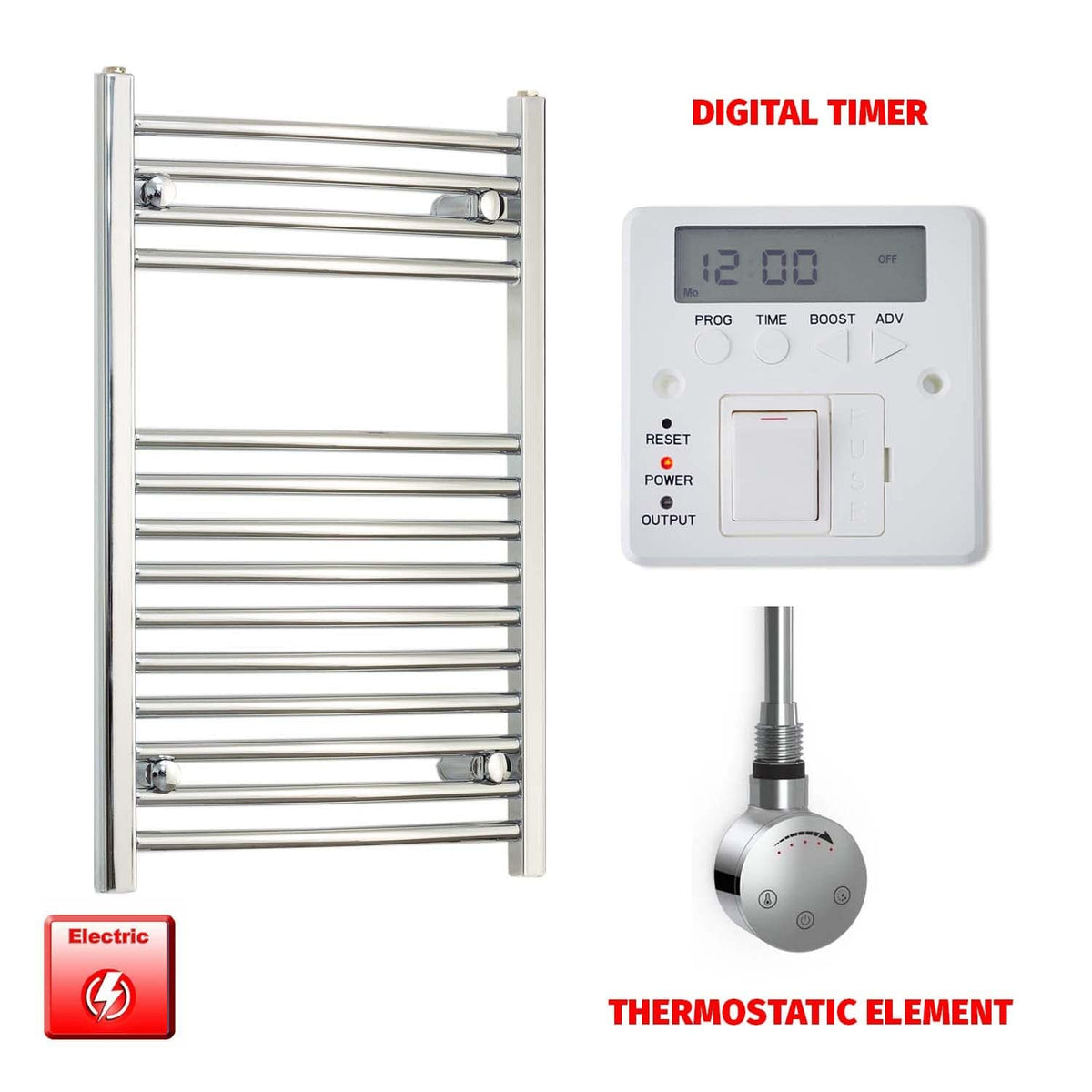 Straight / Thermostatic Element + Digital Timer 600x800 Flat Or Curved Chrome Pre-Filled Electric Towel Rail