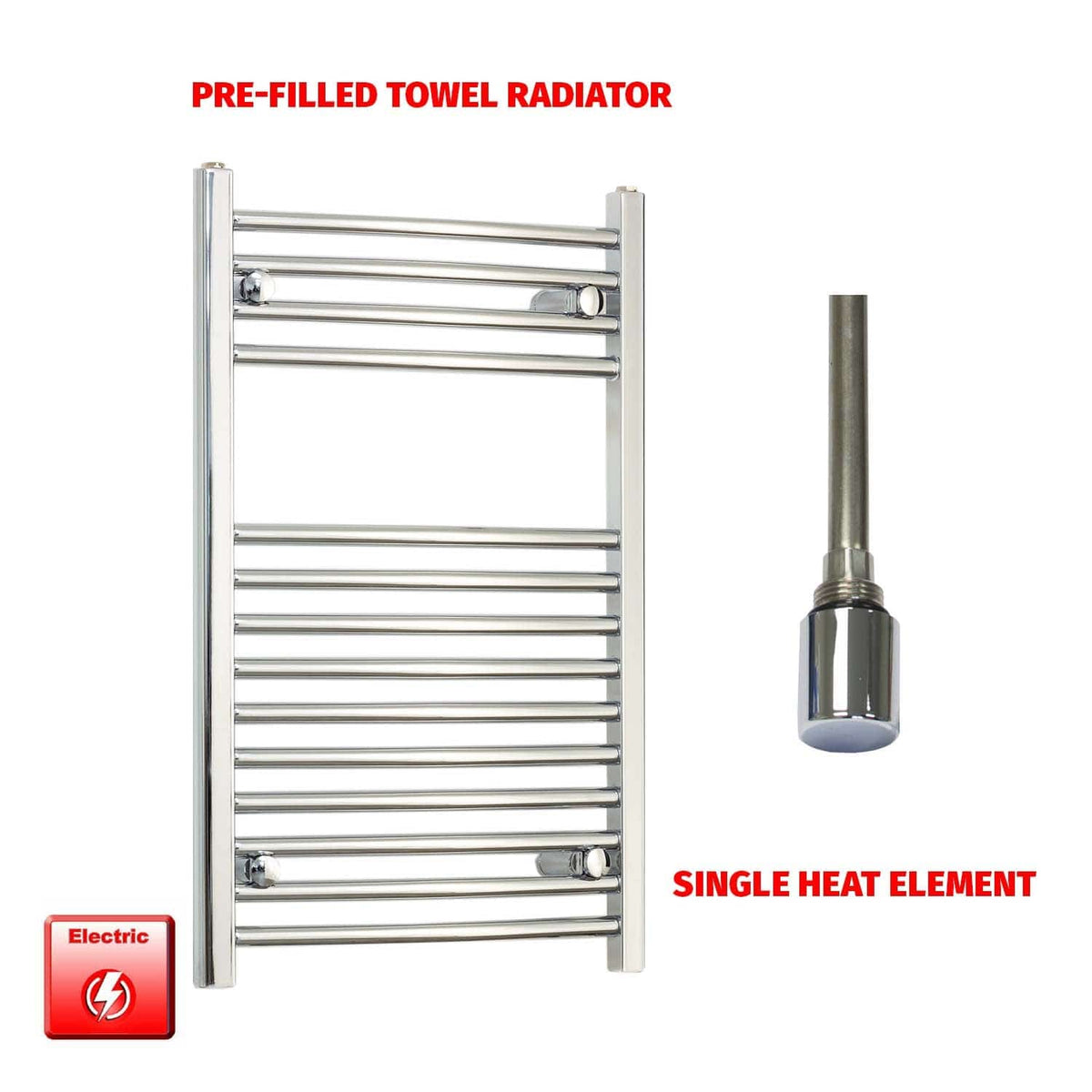 Straight / Single Heat Element 600x800 Flat Or Curved Chrome Pre-Filled Electric Towel Rail