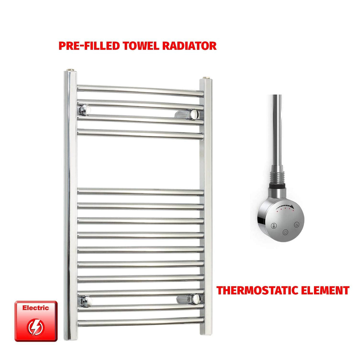 Straight / Thermostatic Element 600x800 Flat Or Curved Chrome Pre-Filled Electric Towel Rail