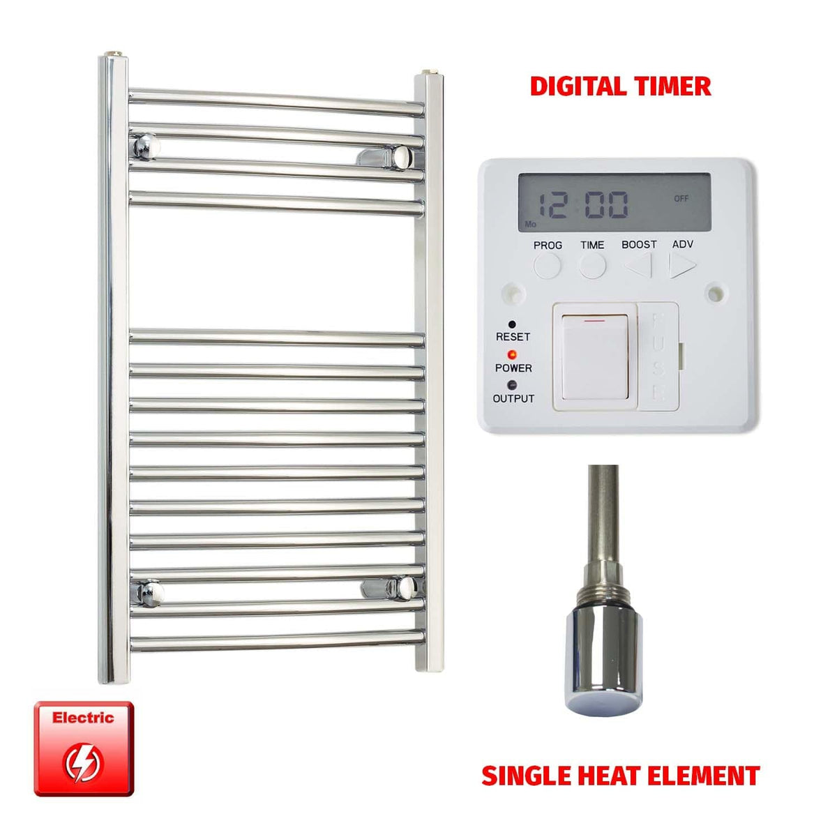 Straight / Single Heat Element + Digital Timer 600x800 Flat Or Curved Chrome Pre-Filled Electric Towel Rail