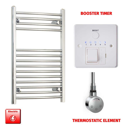 Straight / Thermostatic Element + Booster Timer 600x800 Flat Or Curved Chrome Pre-Filled Electric Towel Rail