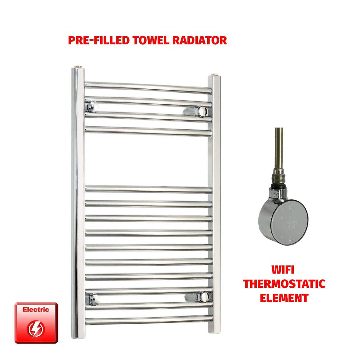 Straight / ER-Wifi Thermostatic 600x800 Flat Or Curved Chrome Pre-Filled Electric Towel Rail