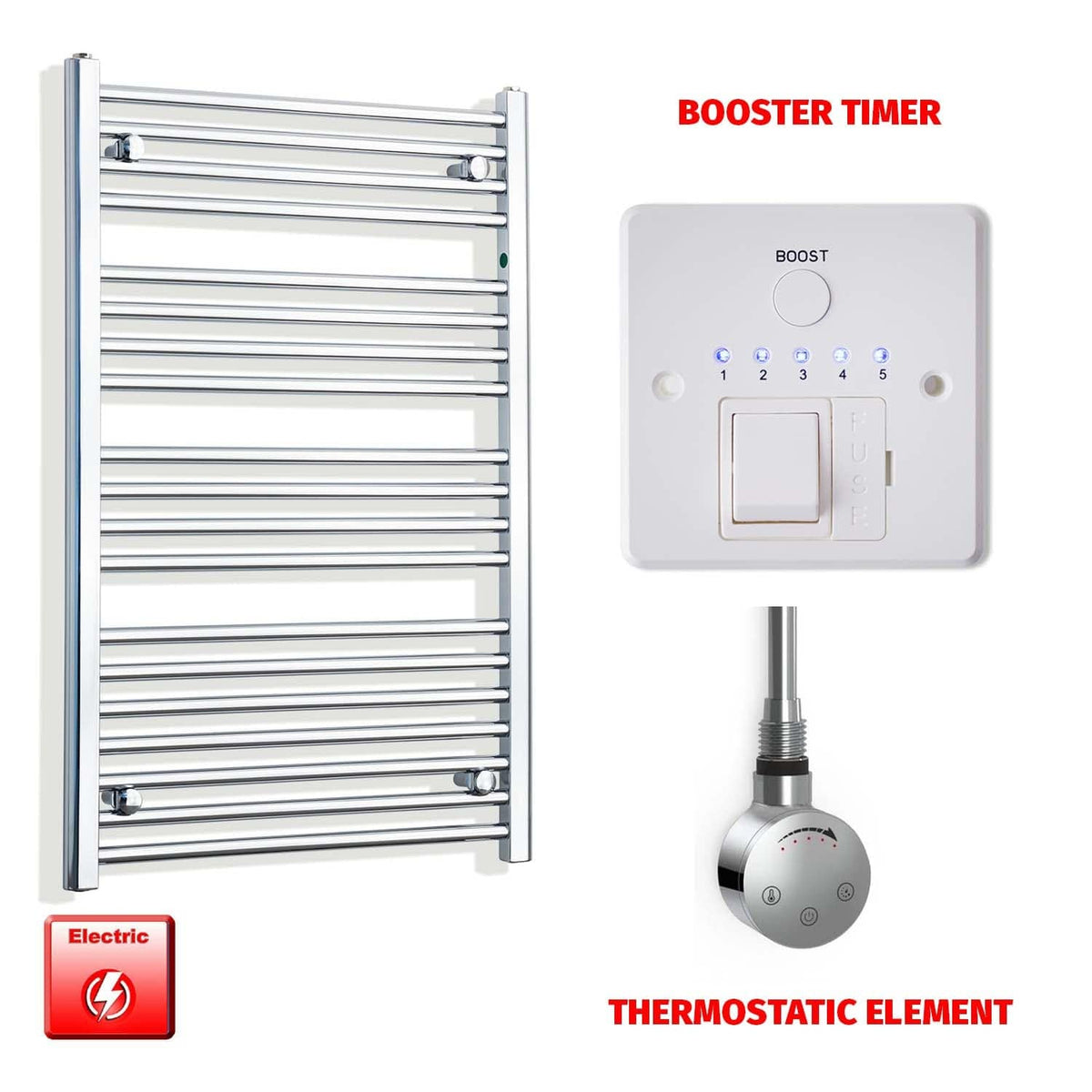 Thermostatic Element + Booster Timer 650 x 1000 Flat Chrome Pre-Filled Electric Heated Towel Rail