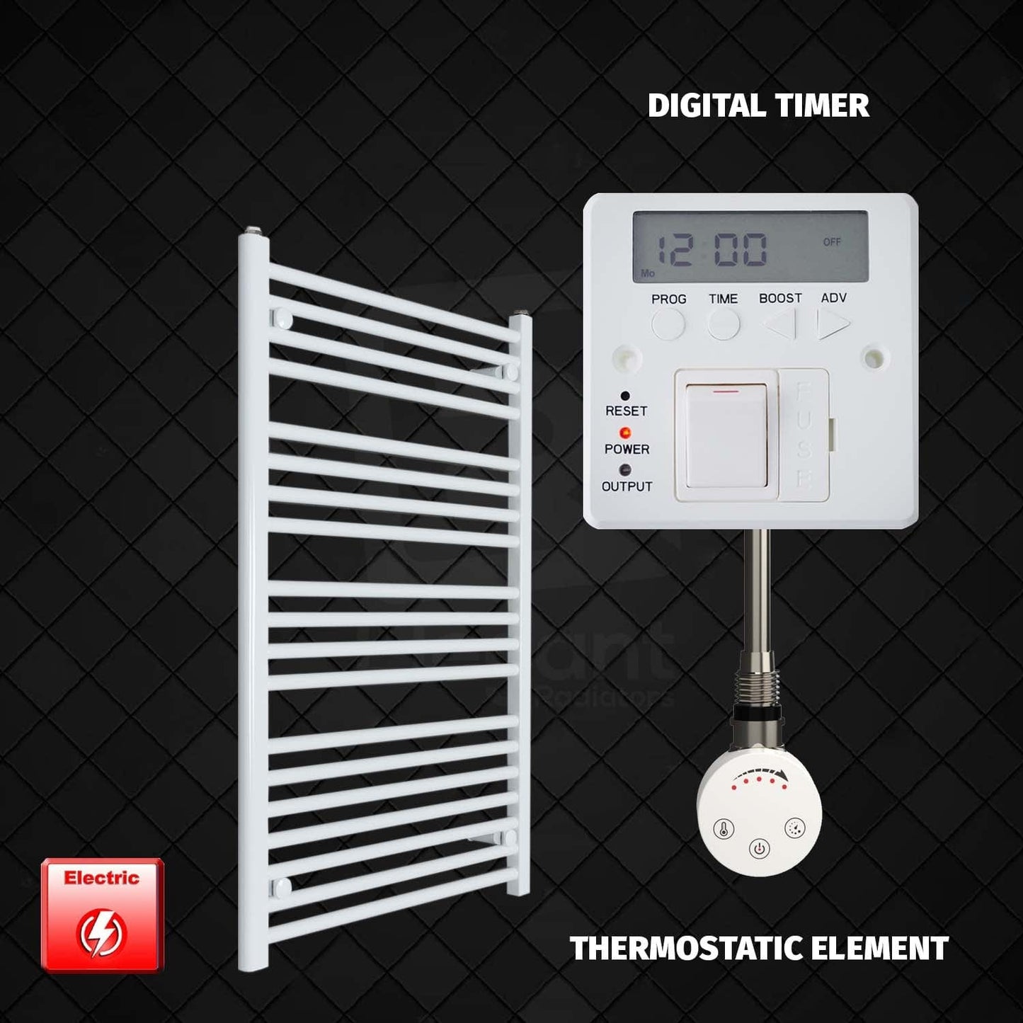 Thermostatic Element + Digital Timer 650 x 1000 Flat White Pre-Filled Electric Towel Radiator
