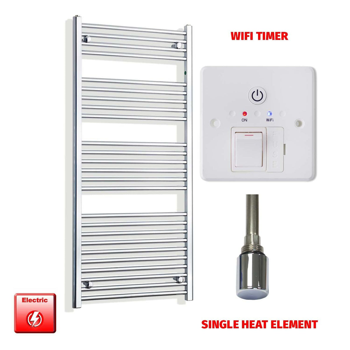 Single Heat Element + Wifi Timer 650 x 1400 Flat Chrome Pre-Filled Electric Heated Towel Rail