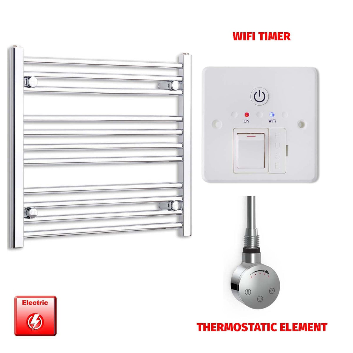 Thermostatic Element + Wifi Timer 650 x 600  Flat Chrome Pre-Filled Electric Heated Towel Rail
