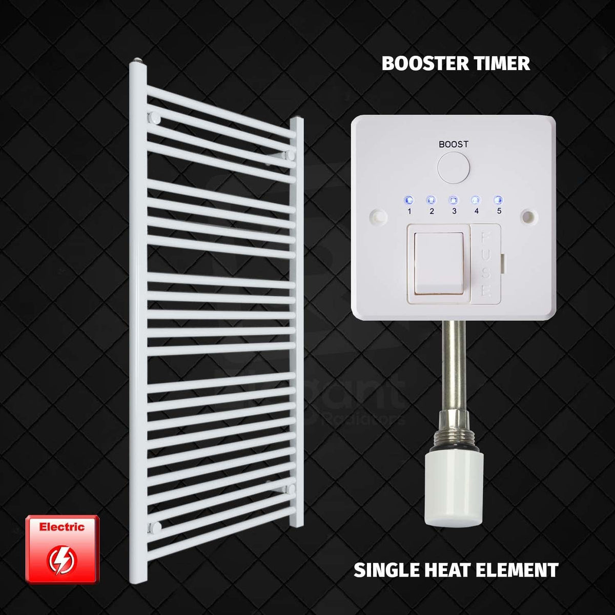 Single Heat Element + Booster Timer 700 x 1200 Flat White Pre-Filled Electric Heated Towel Rail