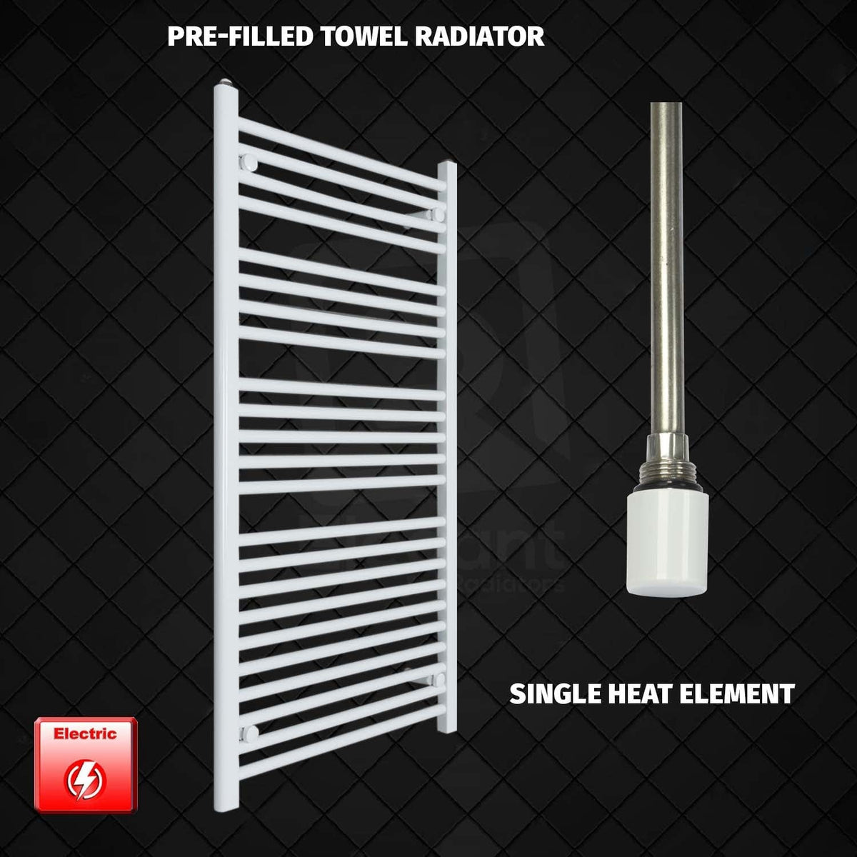 Single Heat Element 700 x 1200 Flat White Pre-Filled Electric Heated Towel Rail