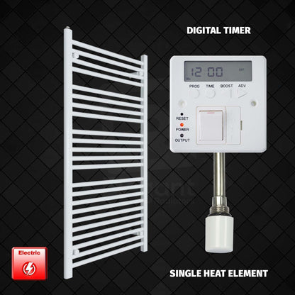 Single Heat Element + Digital Timer 700 x 1200 Flat White Pre-Filled Electric Heated Towel Rail