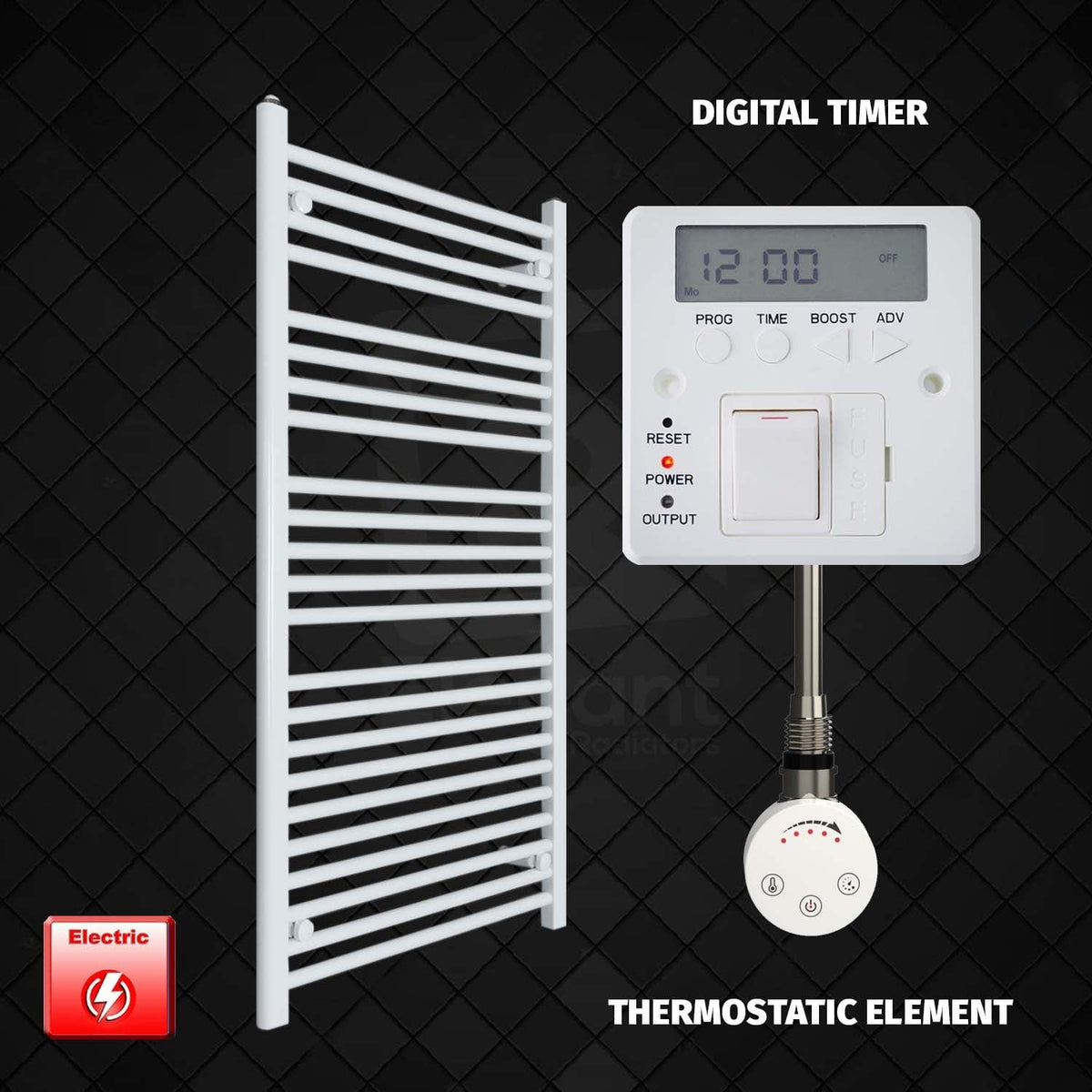 Thermostatic Element + Digital Timer 700 x 1200 Flat White Pre-Filled Electric Heated Towel Rail