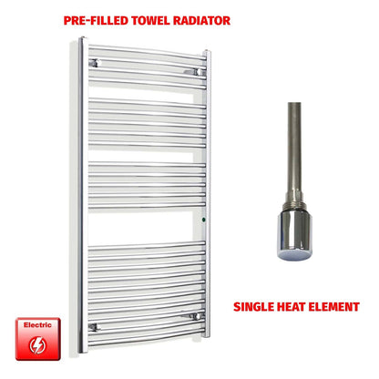 Straight / Single Heat Element 700 x 1300 Flat - Curved Chrome Pre-Filled Electric Towel Rail