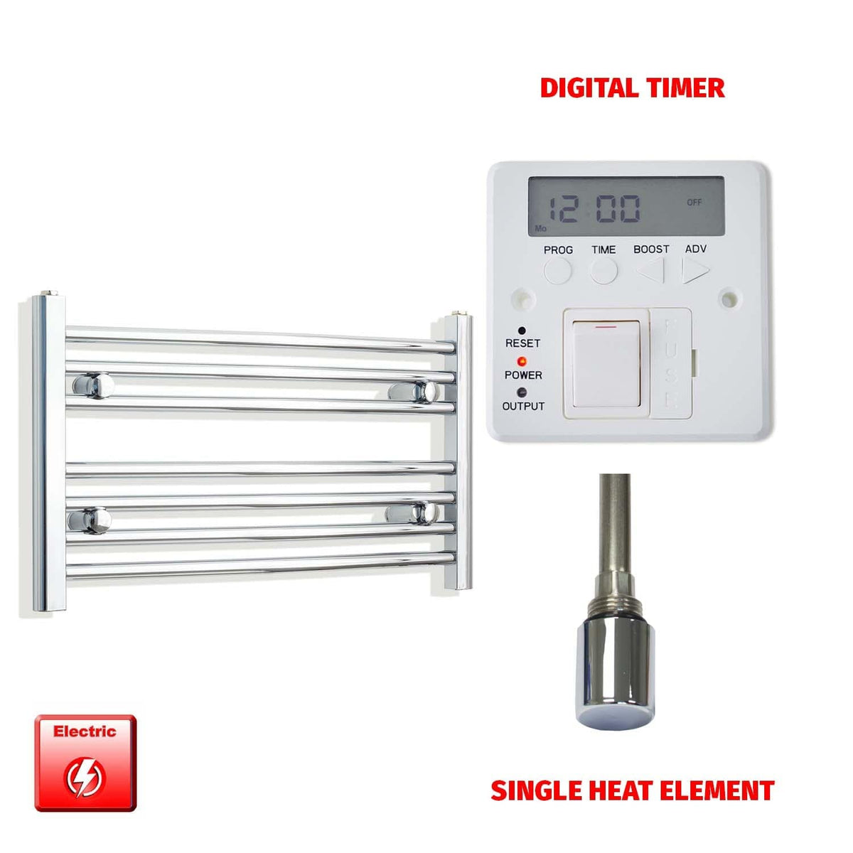 Straight / Single Heat Element + Digital Timer 700 x 400 Flat Chrome Pre-Filled Electric Heated Towel Rail