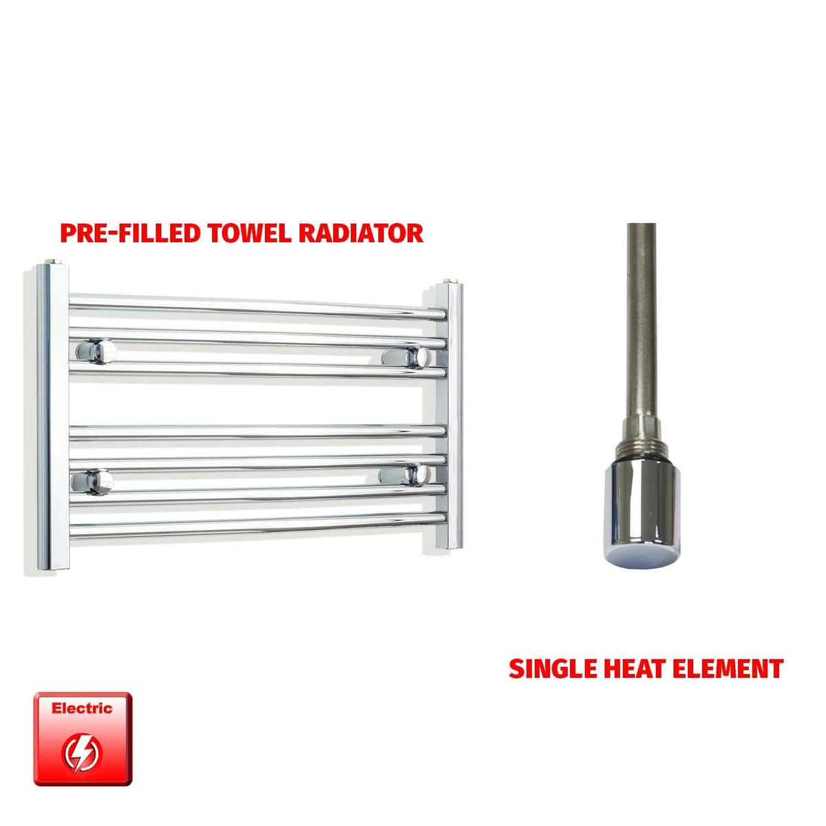 Straight / Single Heat Element 700 x 400 Flat Chrome Pre-Filled Electric Heated Towel Rail