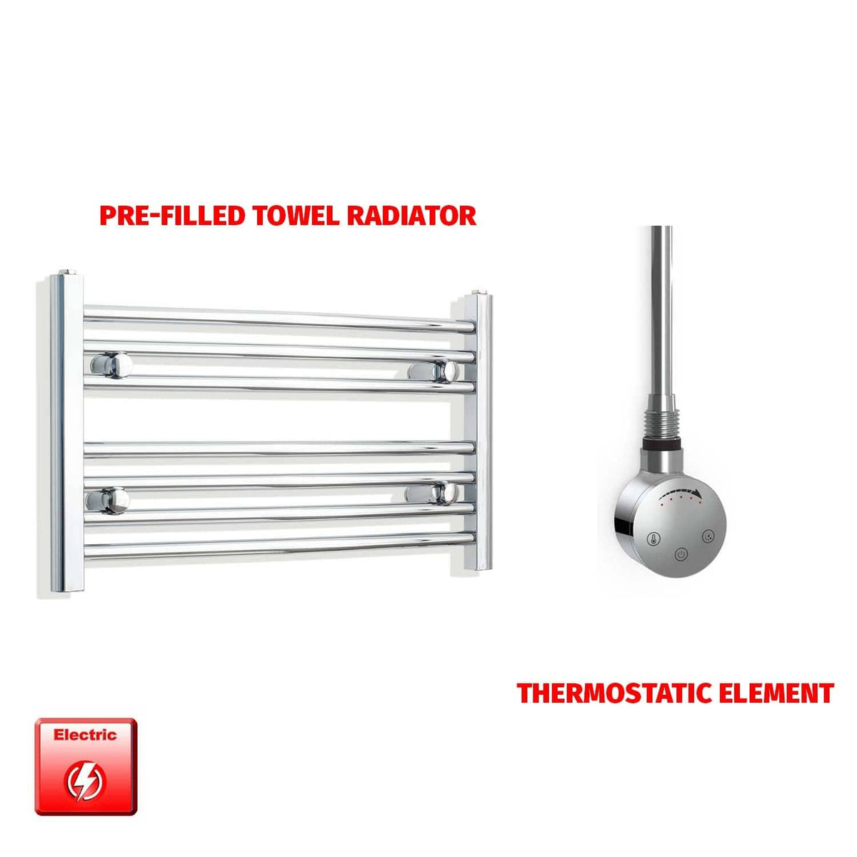 Straight / Thermostatic Element 700 x 400 Flat Chrome Pre-Filled Electric Heated Towel Rail