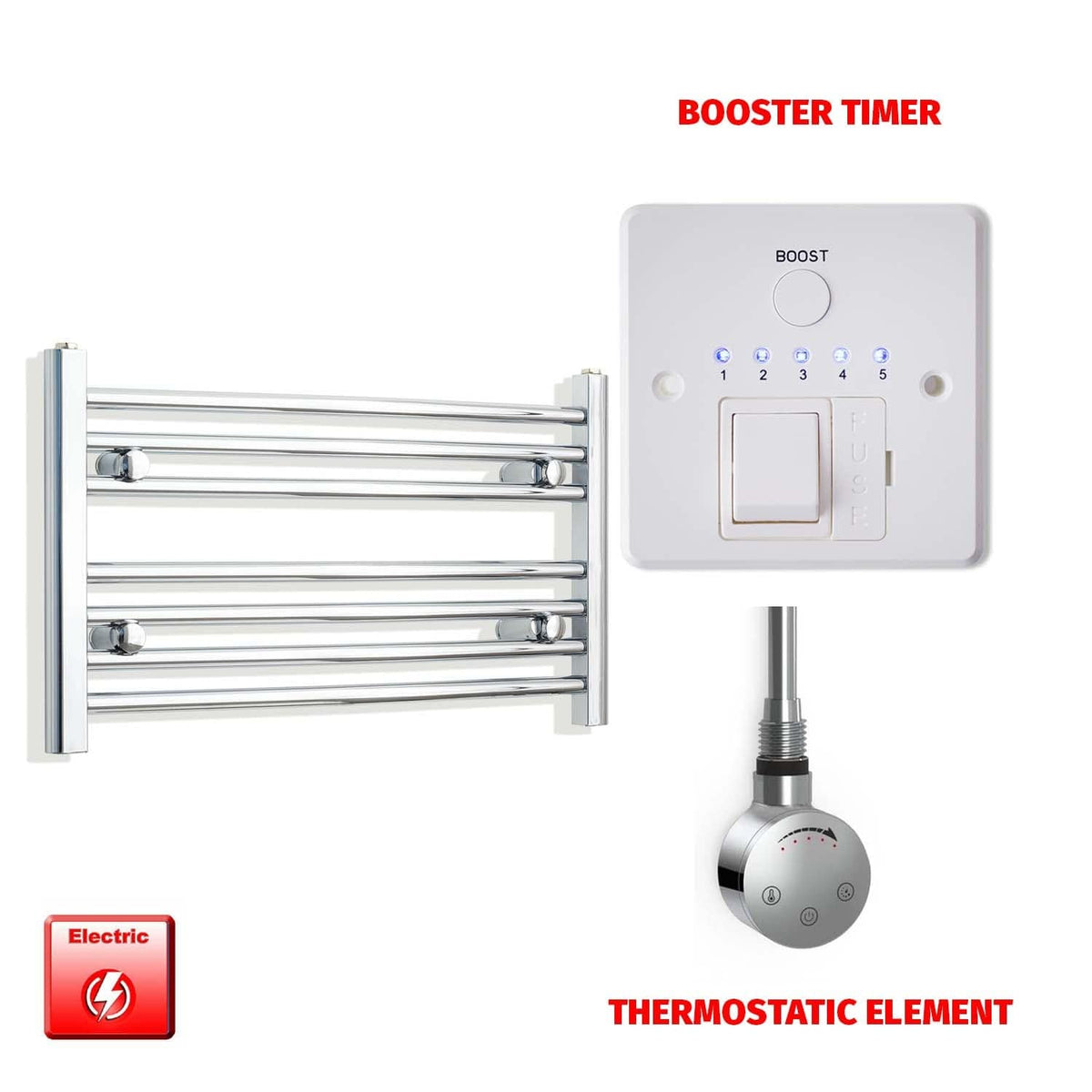 Straight / Thermostatic Element + Booster Timer 700 x 400 Flat Chrome Pre-Filled Electric Heated Towel Rail